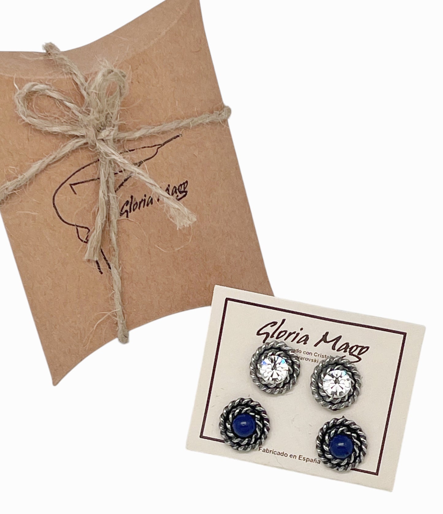 Pack de pendientes redondo filiigrana Sw cristal y Piedra azul_lapislazuli plata 10µ