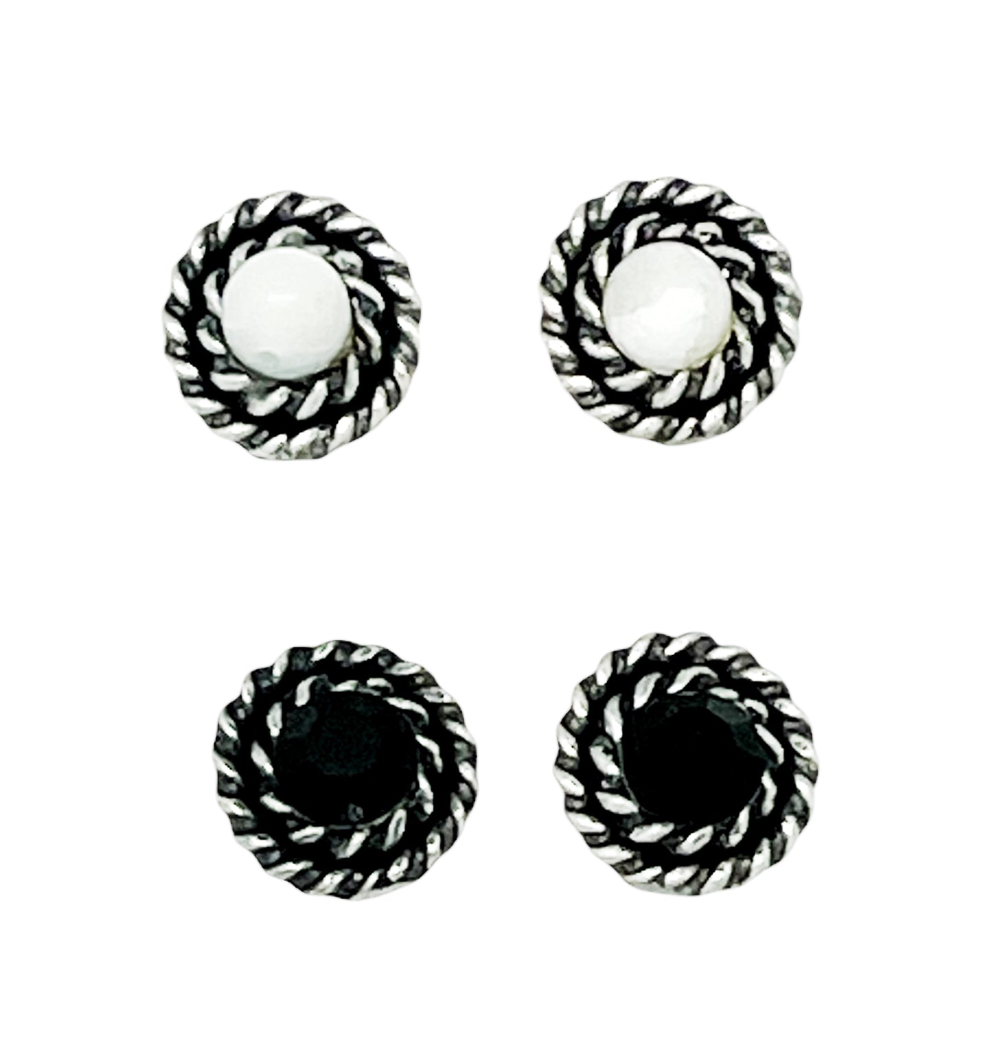 Pack de pendientes redondo filiigrana piedra nacar y SW negro plata 10µ
