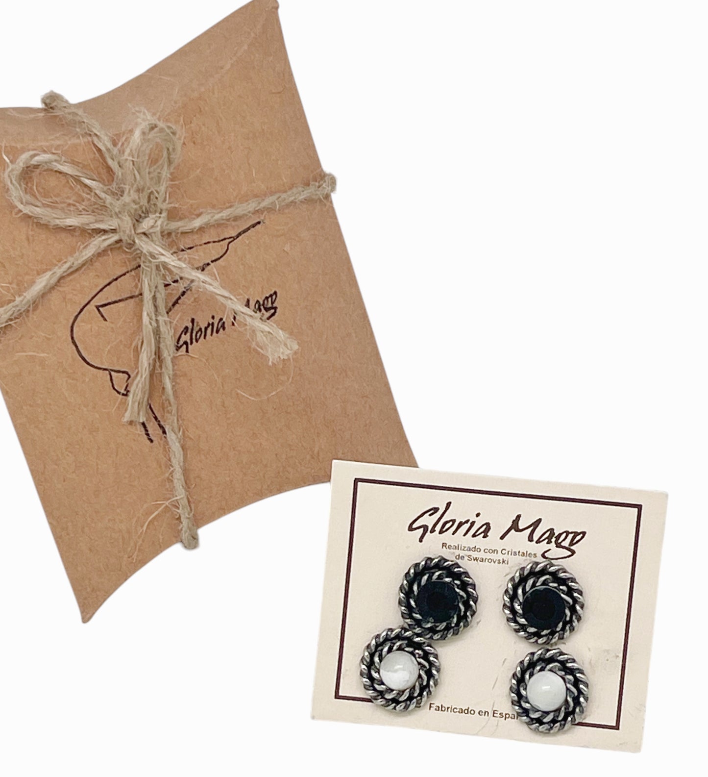 Pack de pendientes redondo filiigrana piedra nacar y SW negro plata 10µ