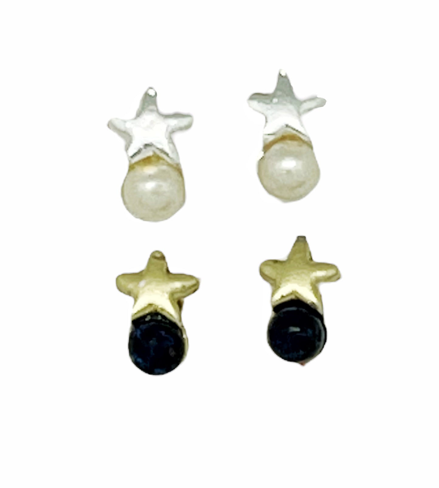 Pack de pendientes estrella mini con bolita perla en plata 10µ y lapislazuli en dorado
