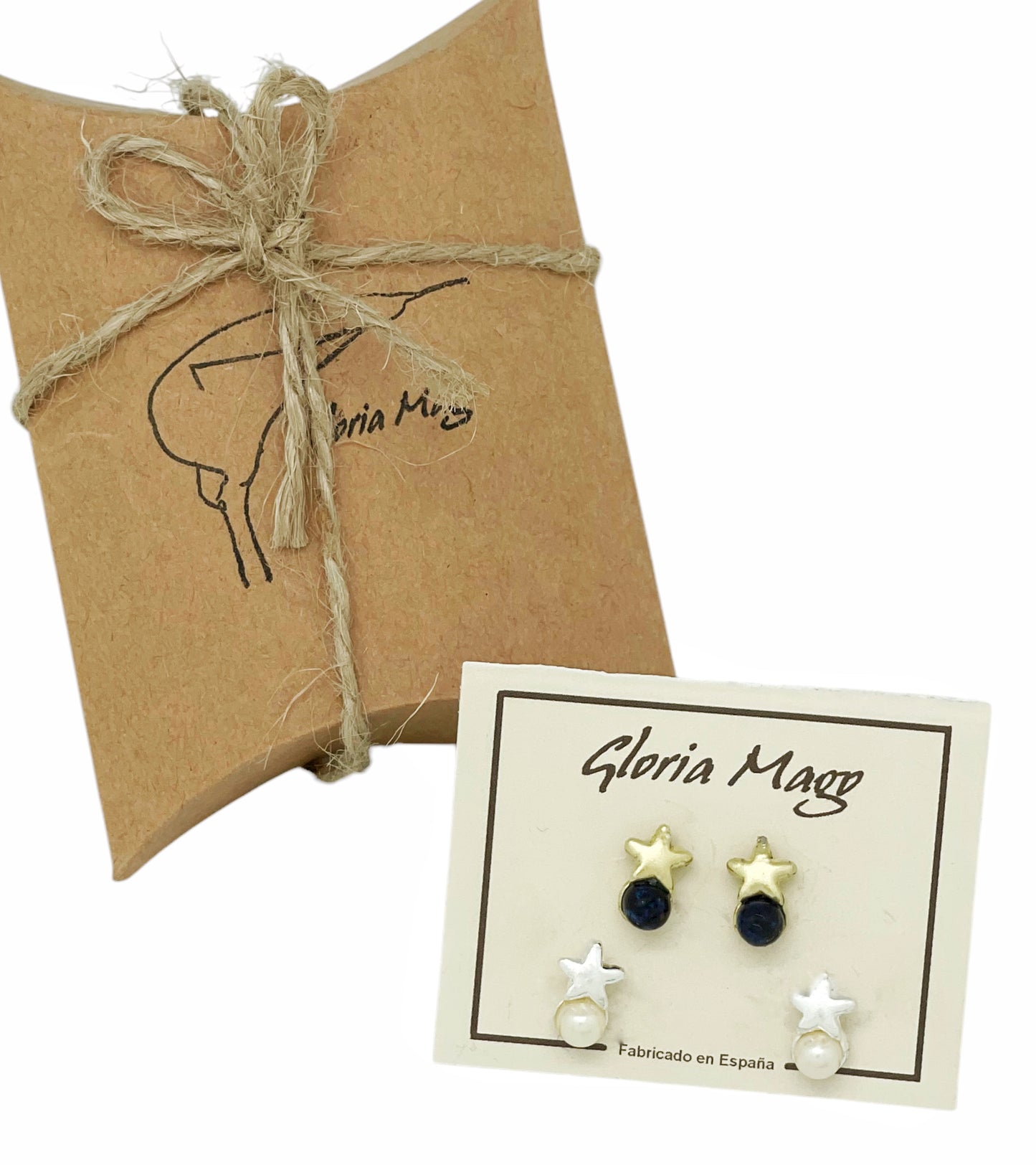 Pack de pendientes estrella mini con bolita perla en plata 10µ y lapislazuli en dorado