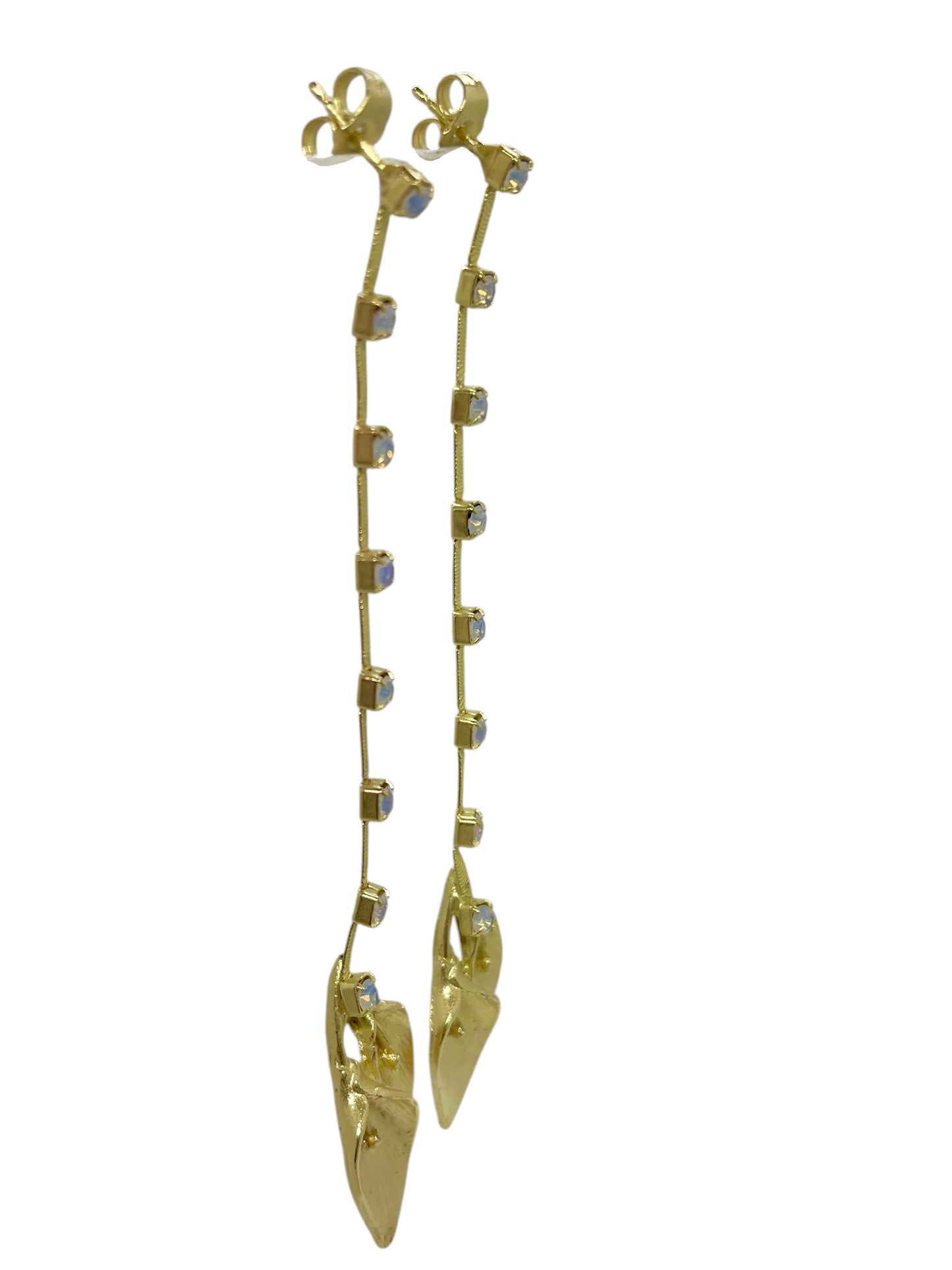 Pendiente largo flor dorado cadena cristal Sw white opal