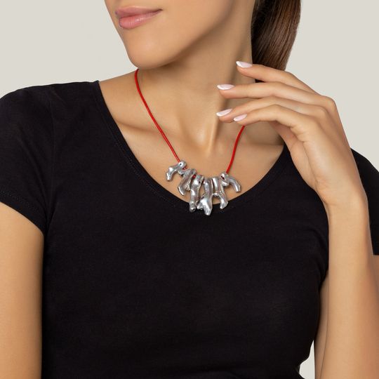 Gargantilla cuero rojo corales plata chapado