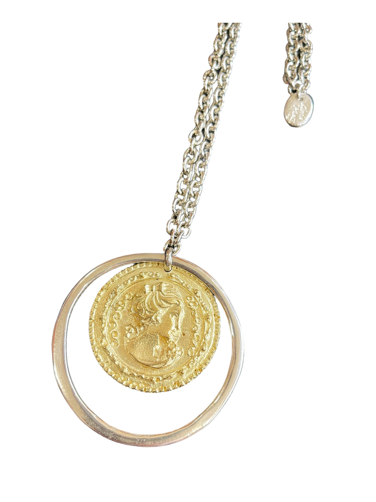 Collar largo con aro y moneda mix en cadena plata