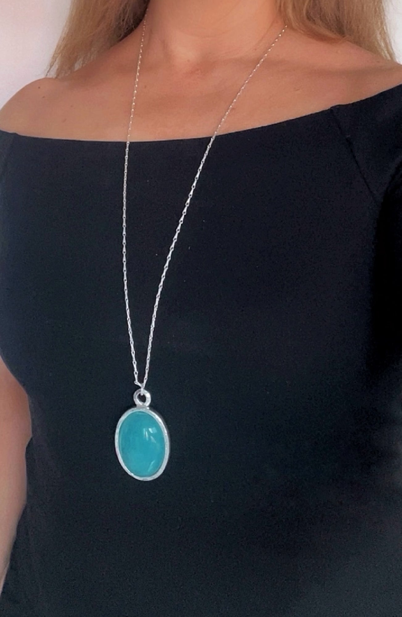 Collar largo Blue Lagoon plata 10µ y cristal oval .