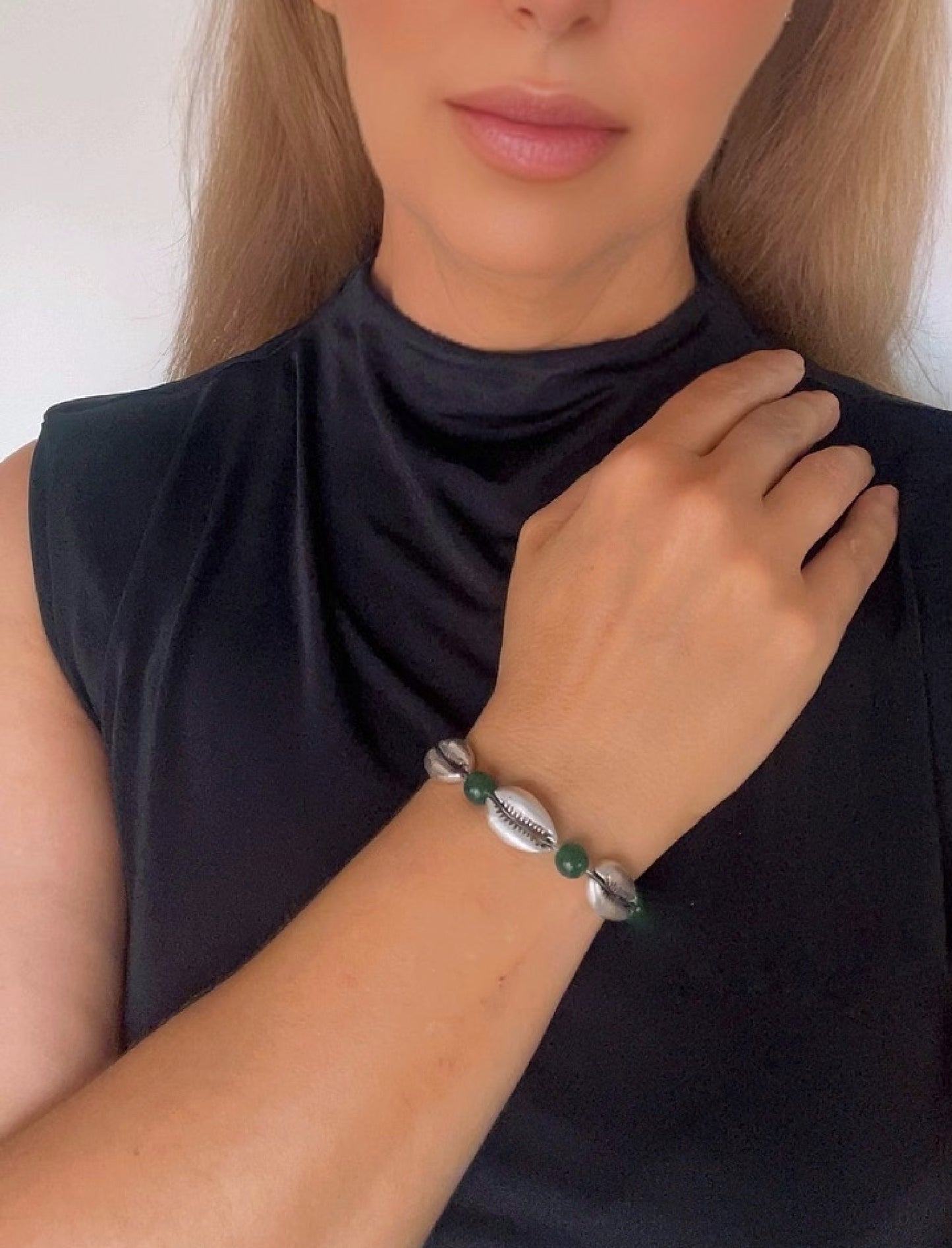 Pulsera caracola jade verde y plata 10µ