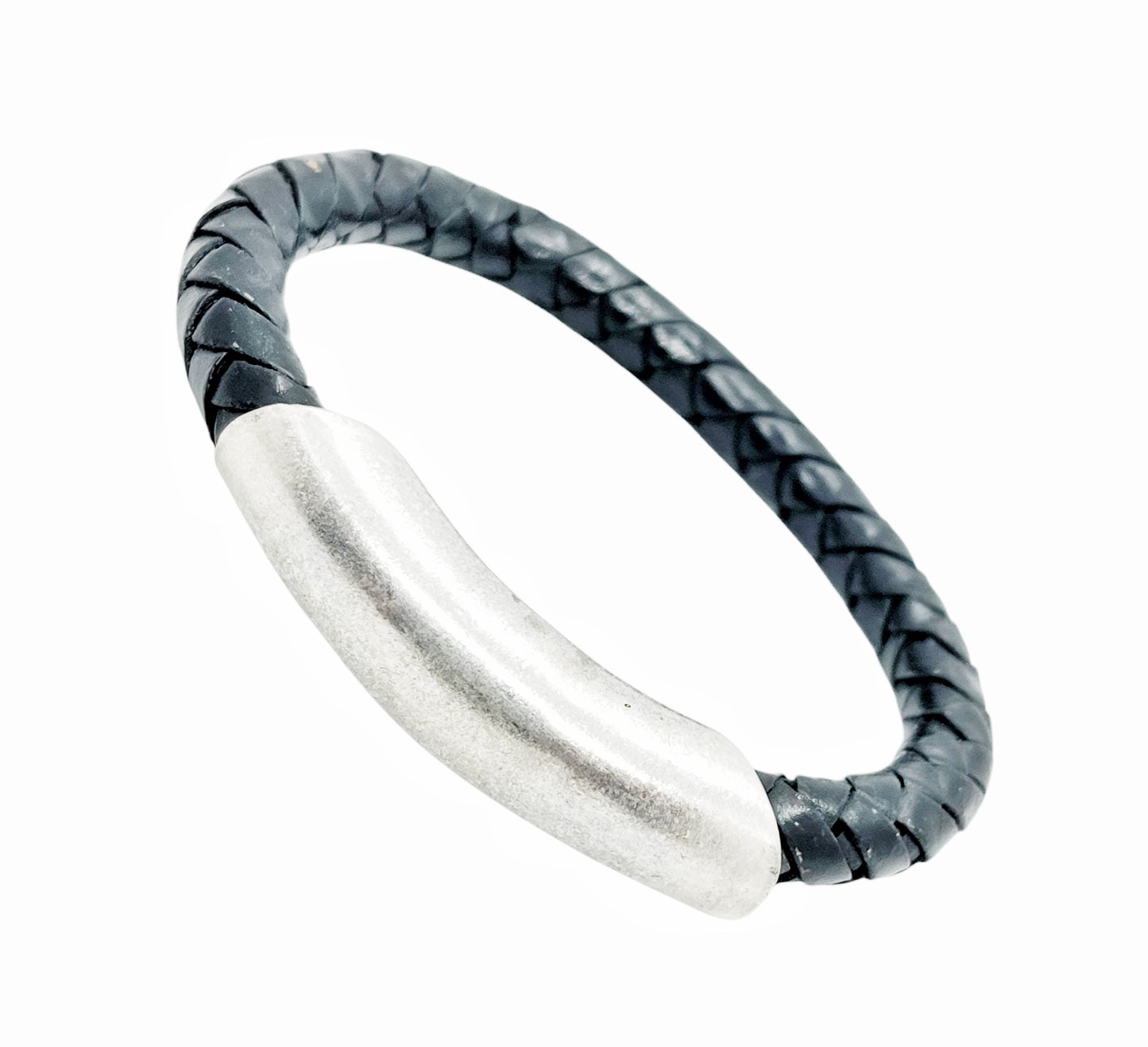 Pulsera Tube cuero trenzado plata