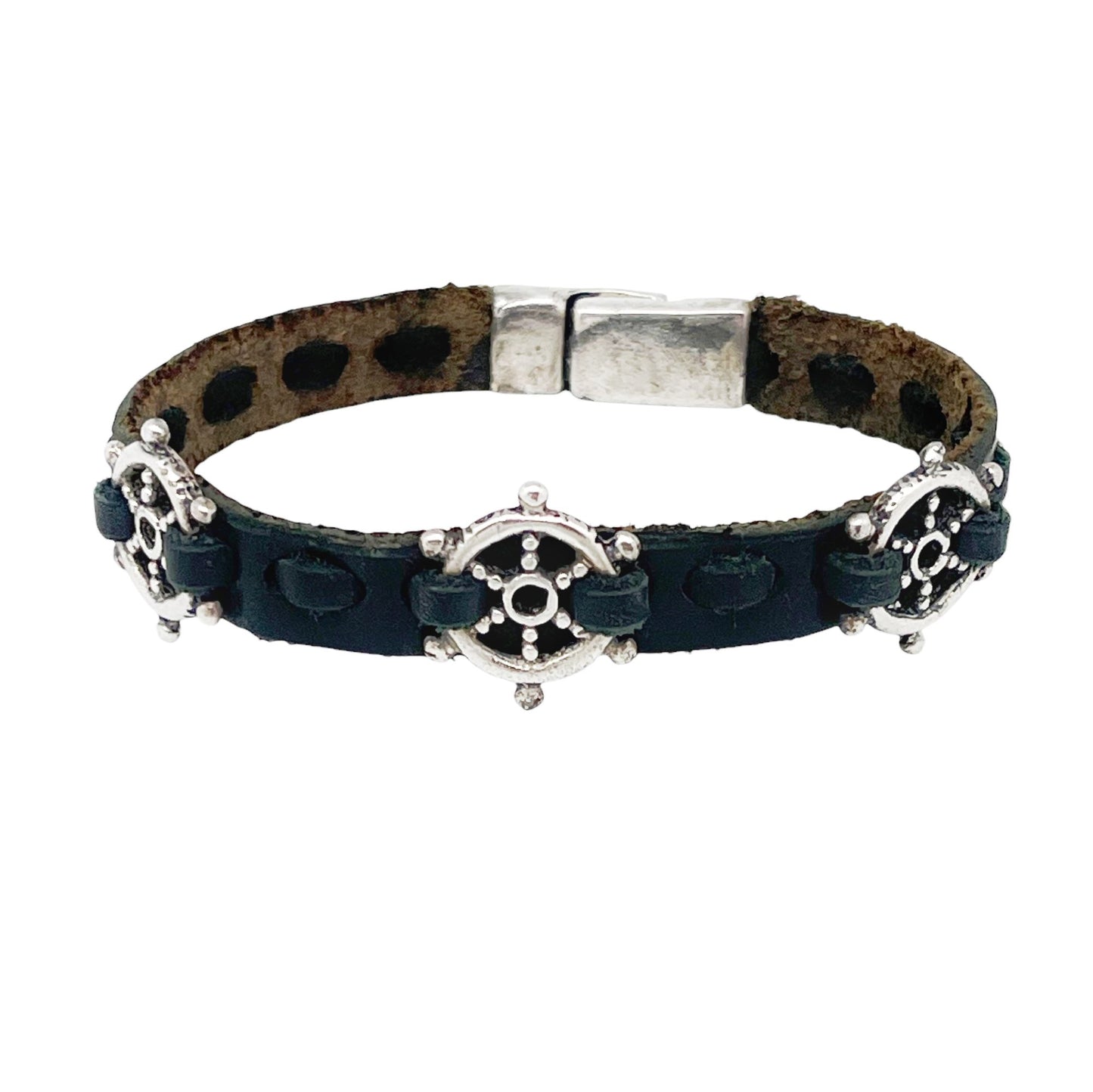 Pulsera Timón3 cuero negro y plata chapado