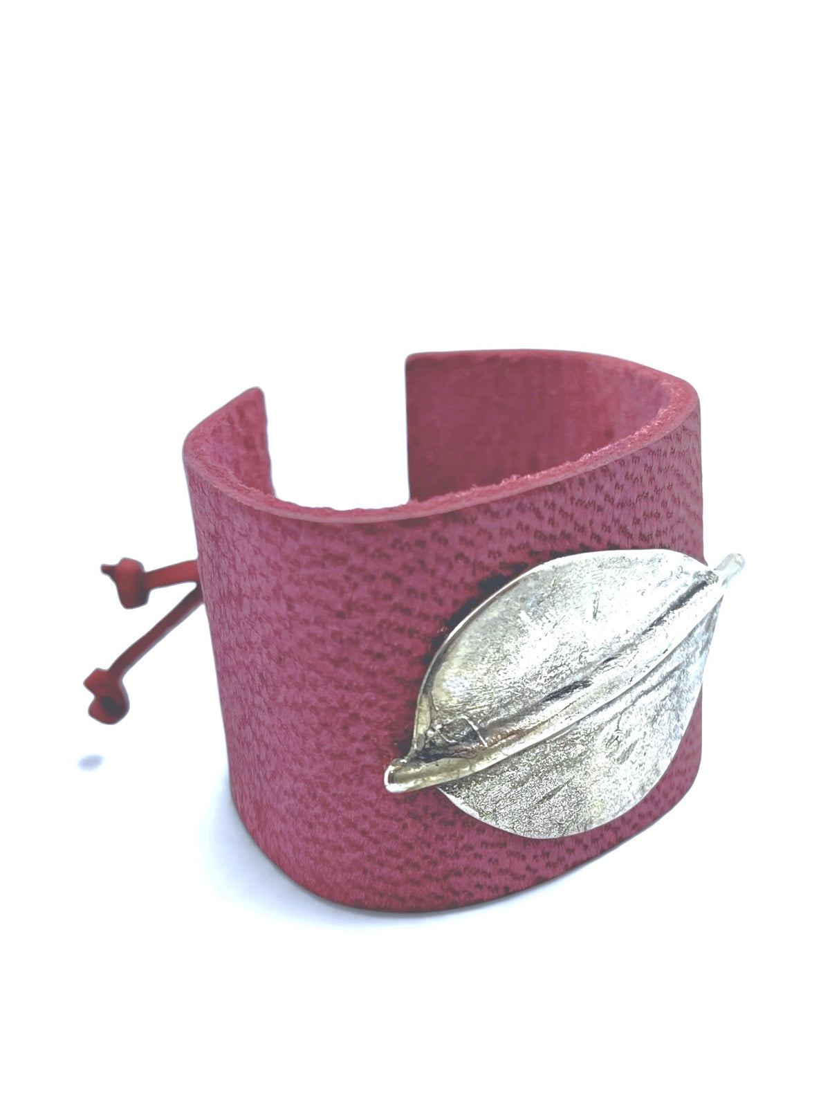 Pulsera Brazalete piel y plata 10µ "Leaf" piel fuschia ajustable