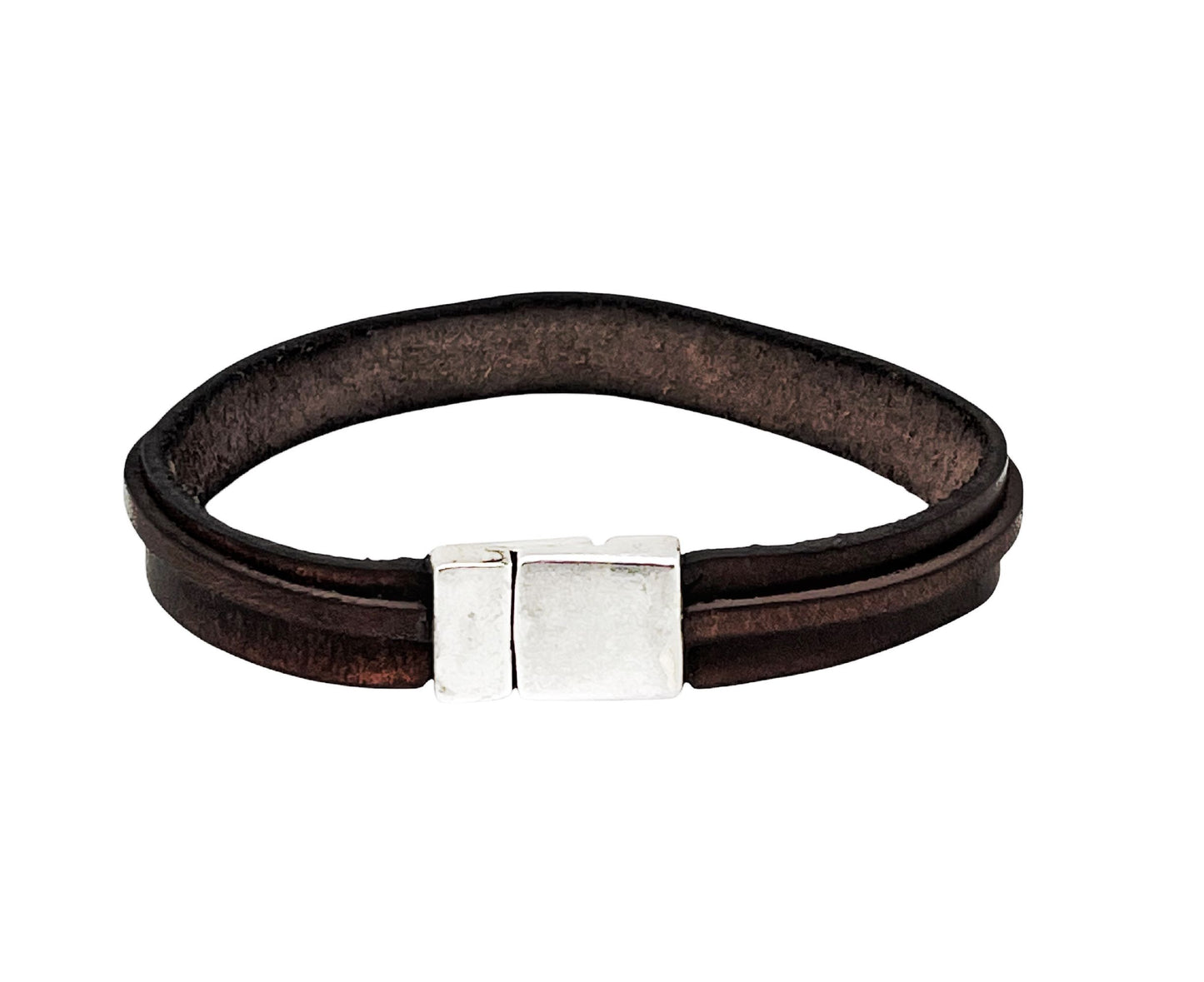 Pulsera Montana con tubo plata chapado cuero ecológico marrón