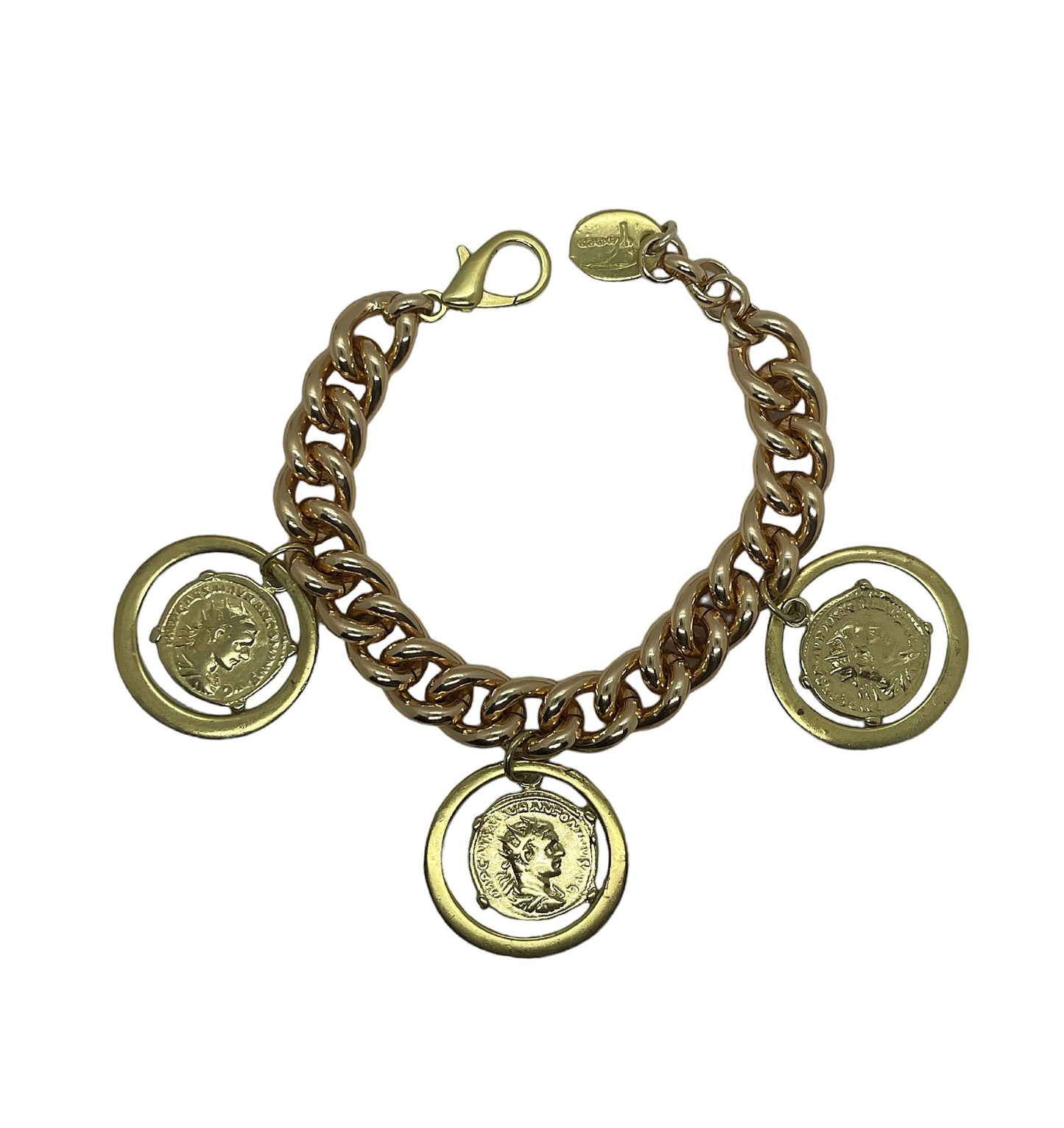 Pulsera Triple Aura con monedas tipo antigua en dorado. Aluminio ymetal