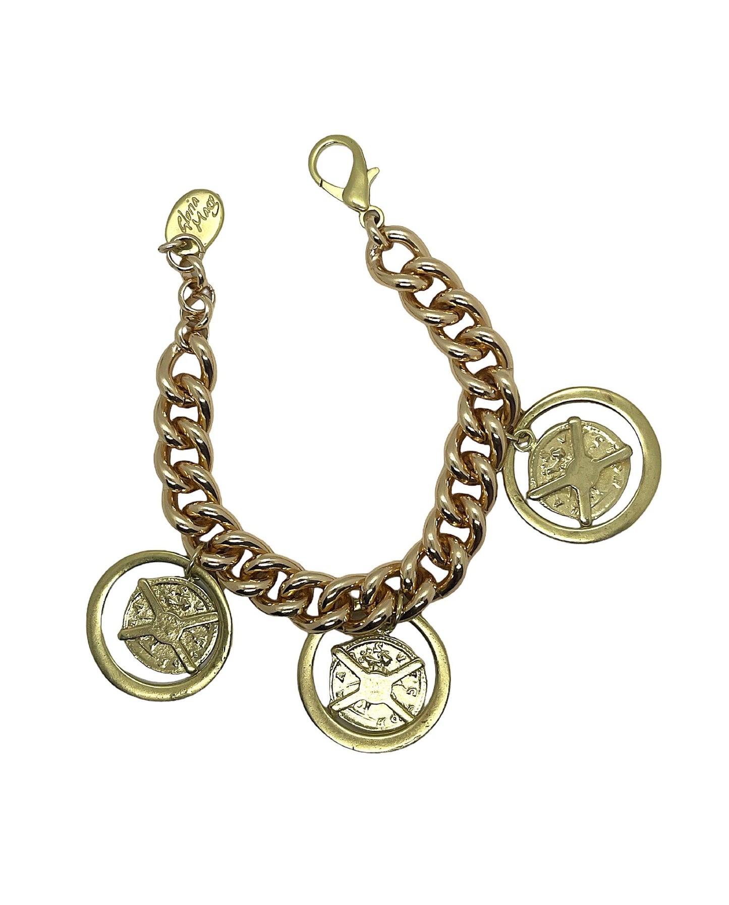 Pulsera Triple Aura con monedas tipo antigua en dorado. Aluminio ymetal