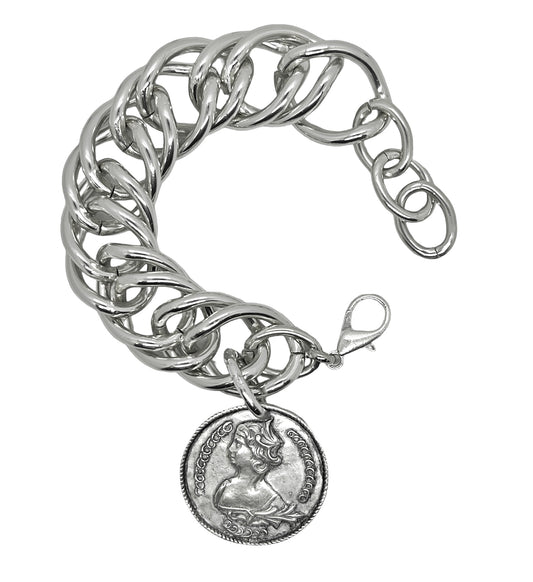 Pulsera plata eslabón grande doble con moneda