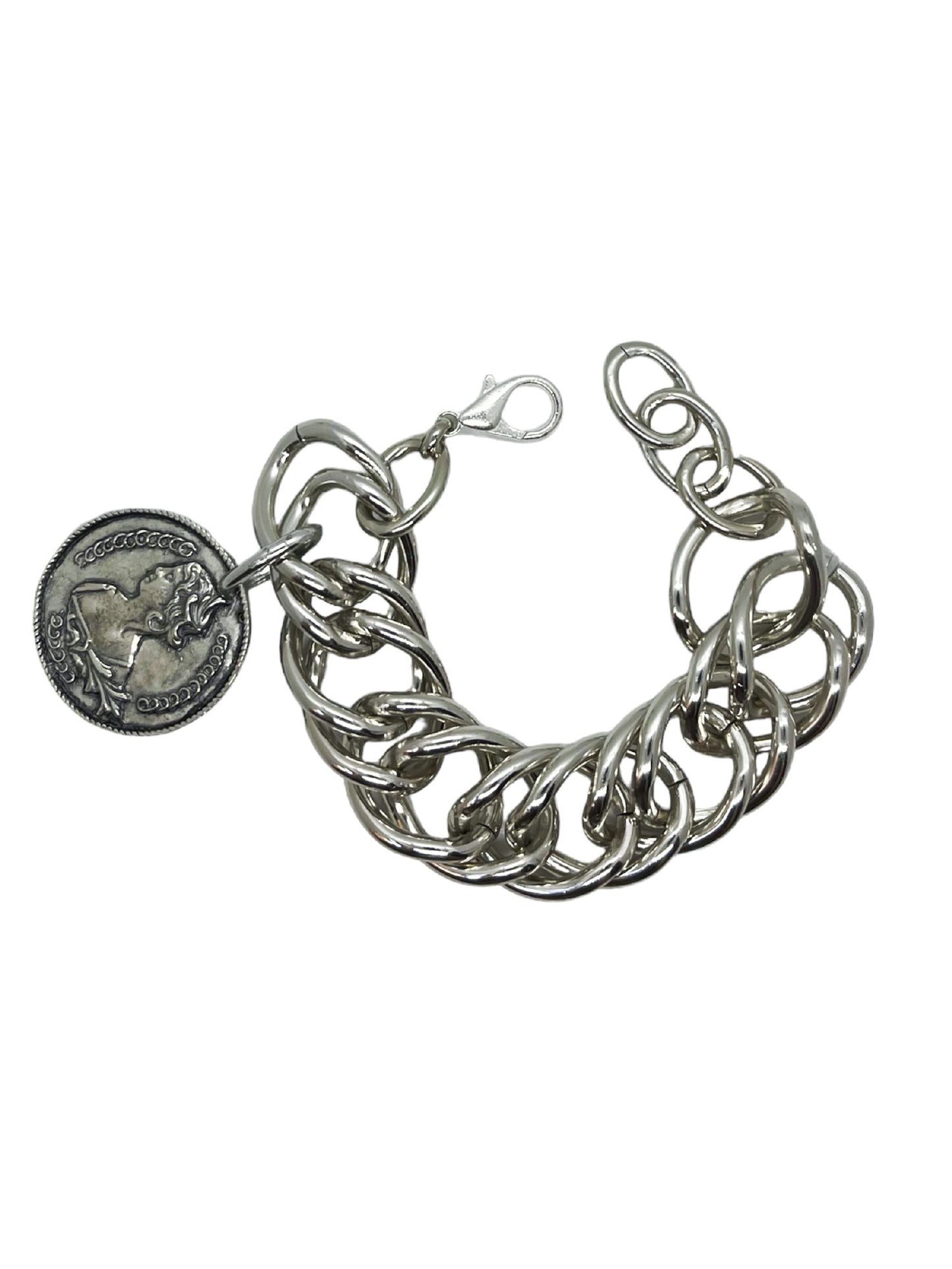 Pulsera plata eslabón grande doble con moneda