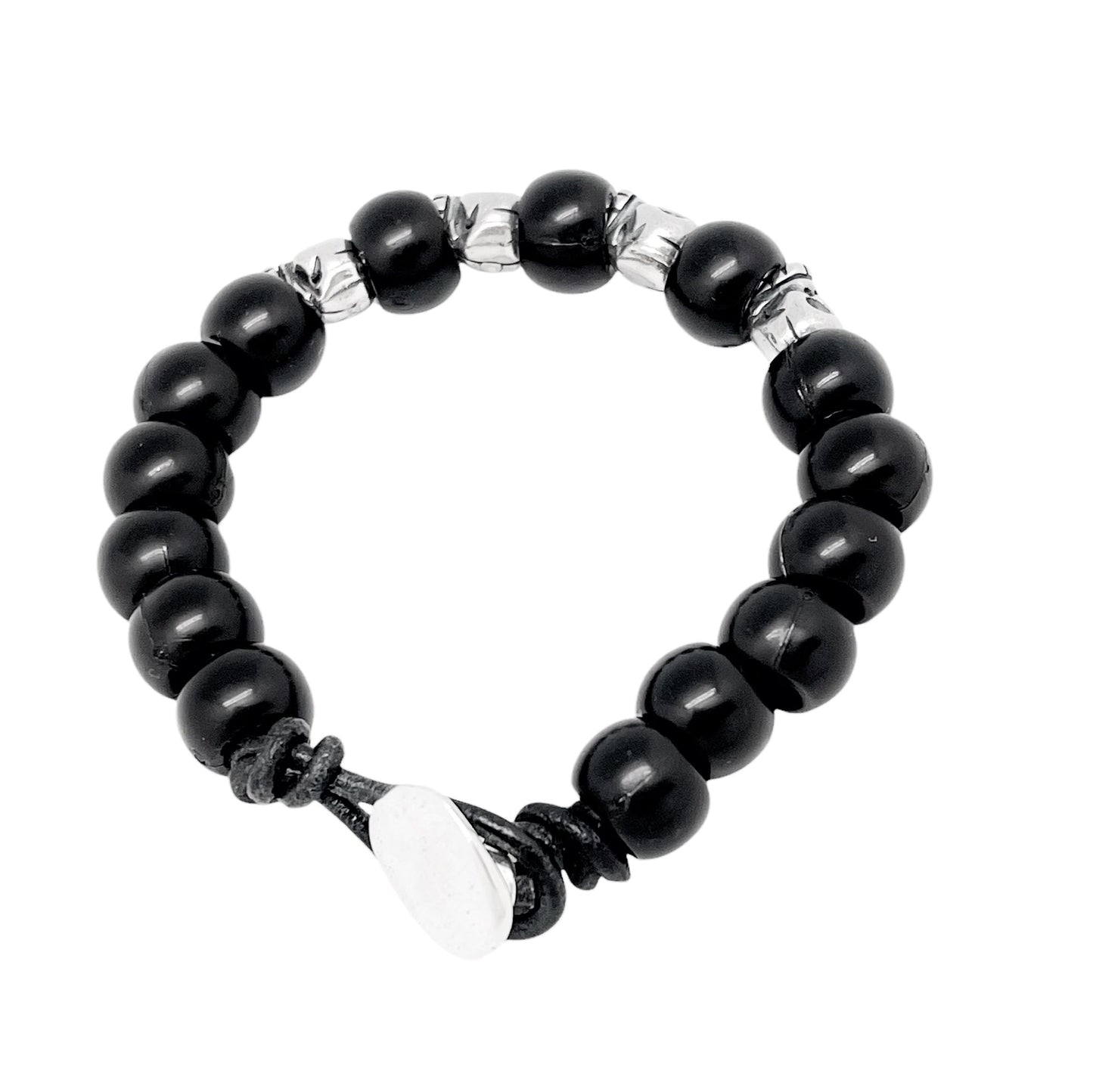 Pulsera Skull negra y cuero plata chapado