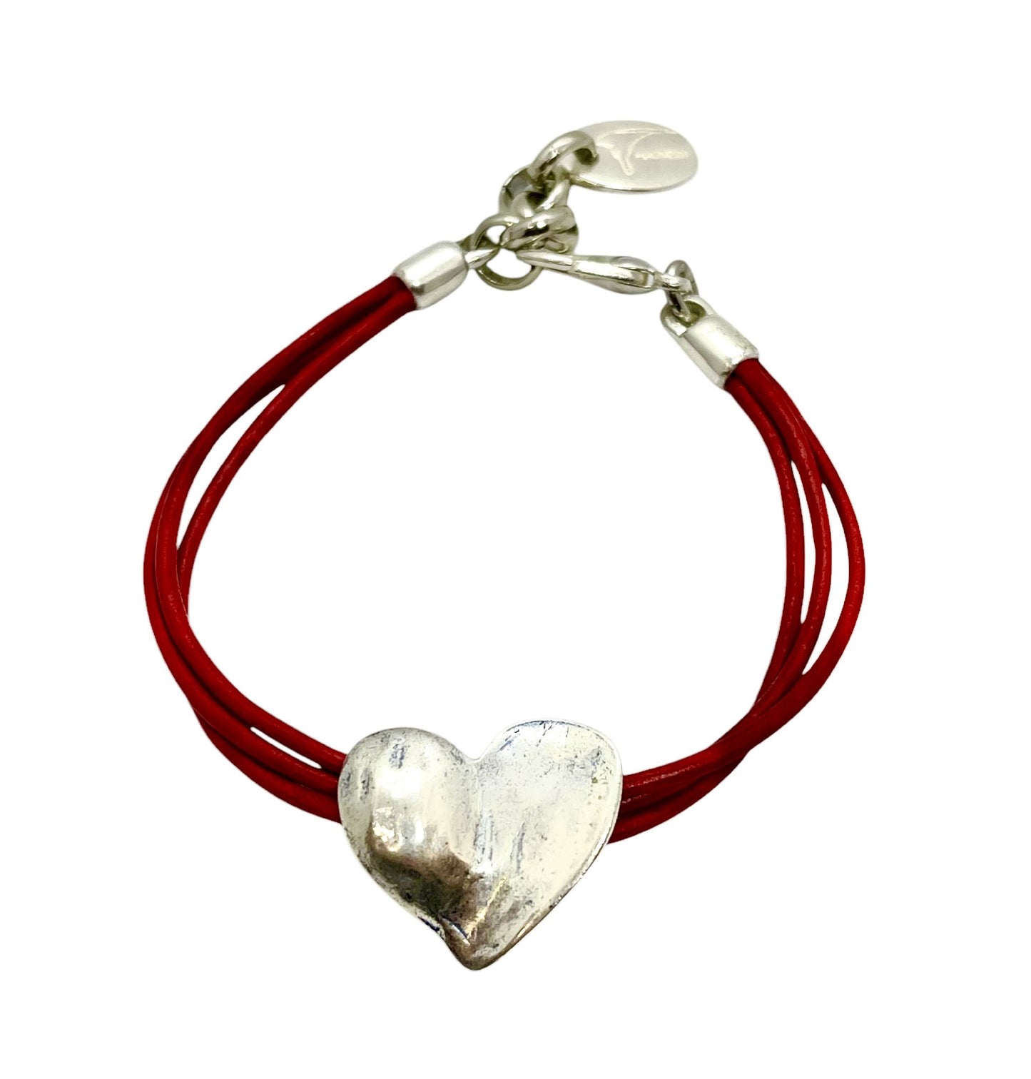 Pulsera corazón cuero rojo plata chapado