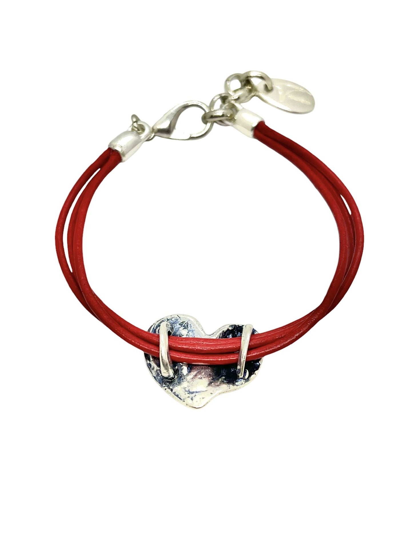Pulsera corazón cuero rojo plata chapado