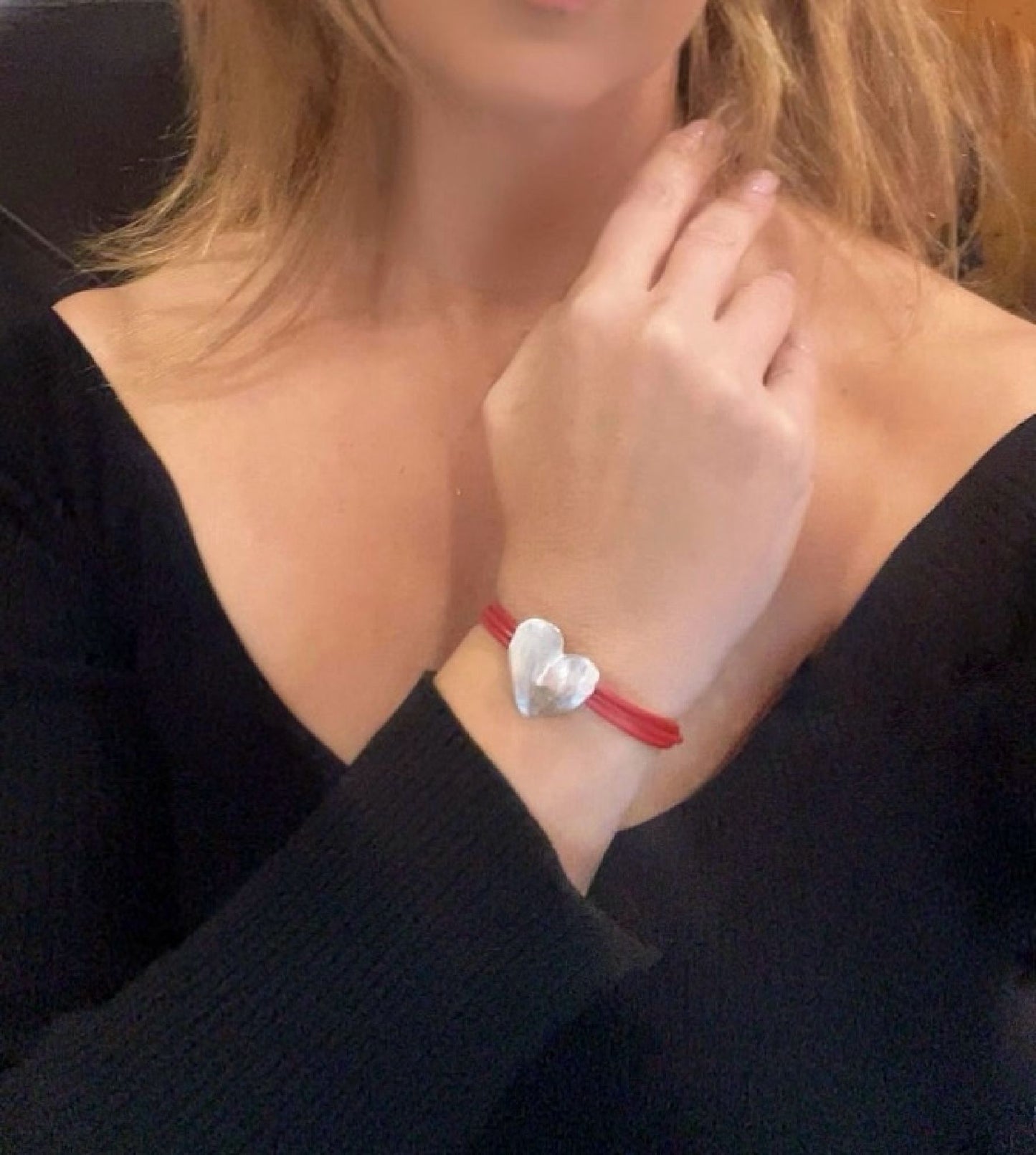 Pulsera corazón cuero rojo plata chapado