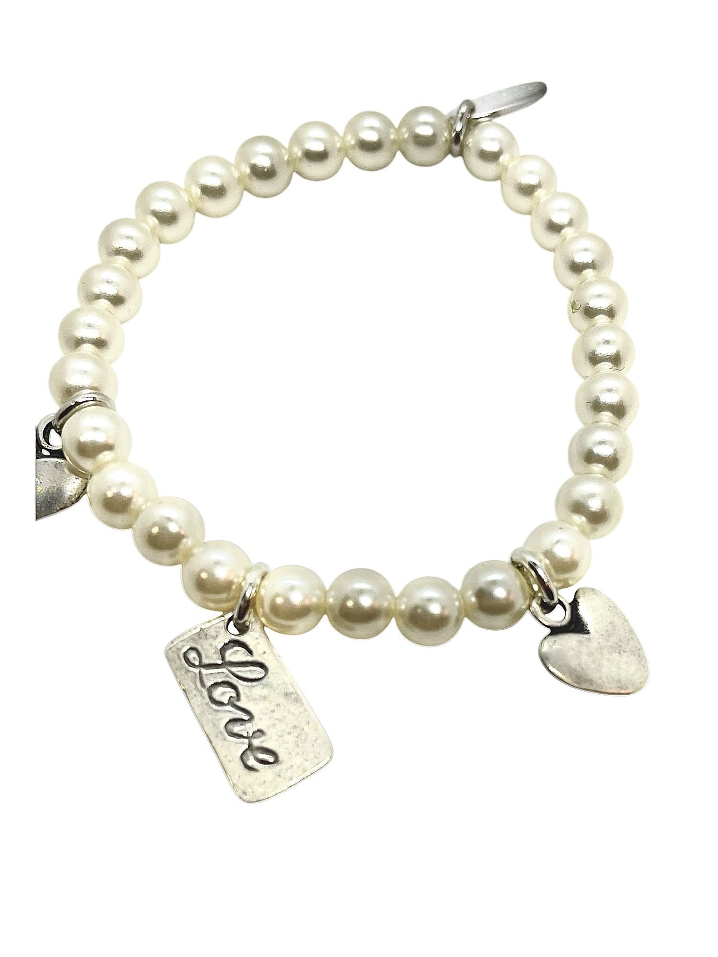 Pulsera elática en perla y charms Love plata chapado