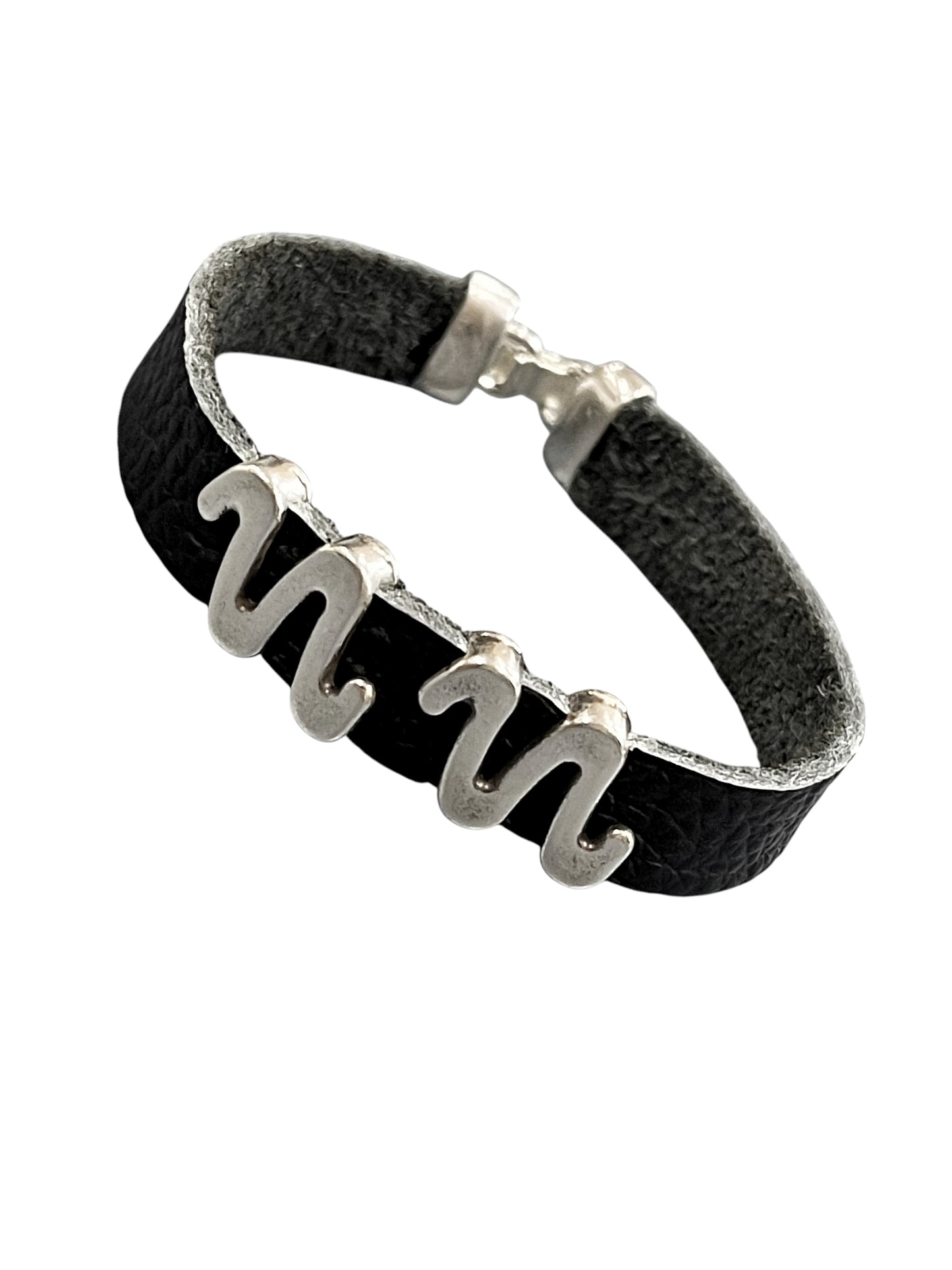 Pulsera MM piel negra y plata 10Mc