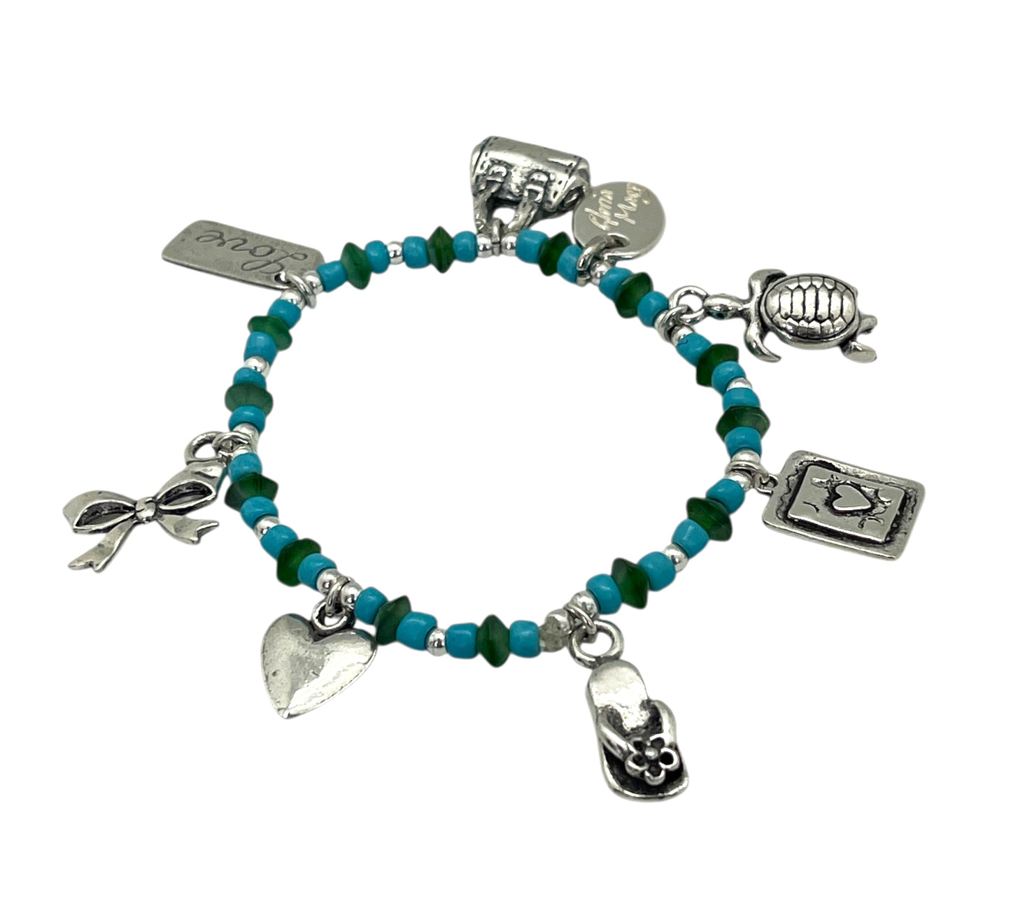 Pulsera elástica charms plata 10µ con resinas colores tono azul