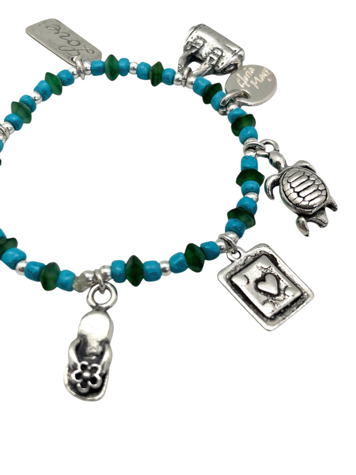 Pulsera elástica charms plata 10µ con resinas colores tono azul