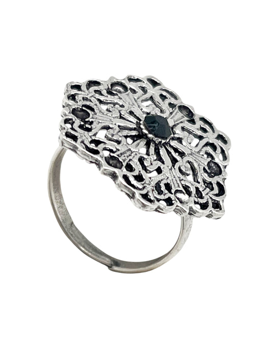 Anillo Retro cristal negro y plata envejecido chapado