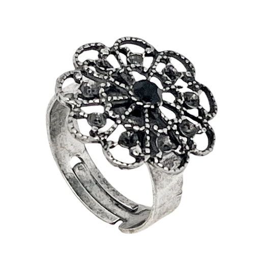 Anillo Vintage redondo y cristal negro plata envejecida