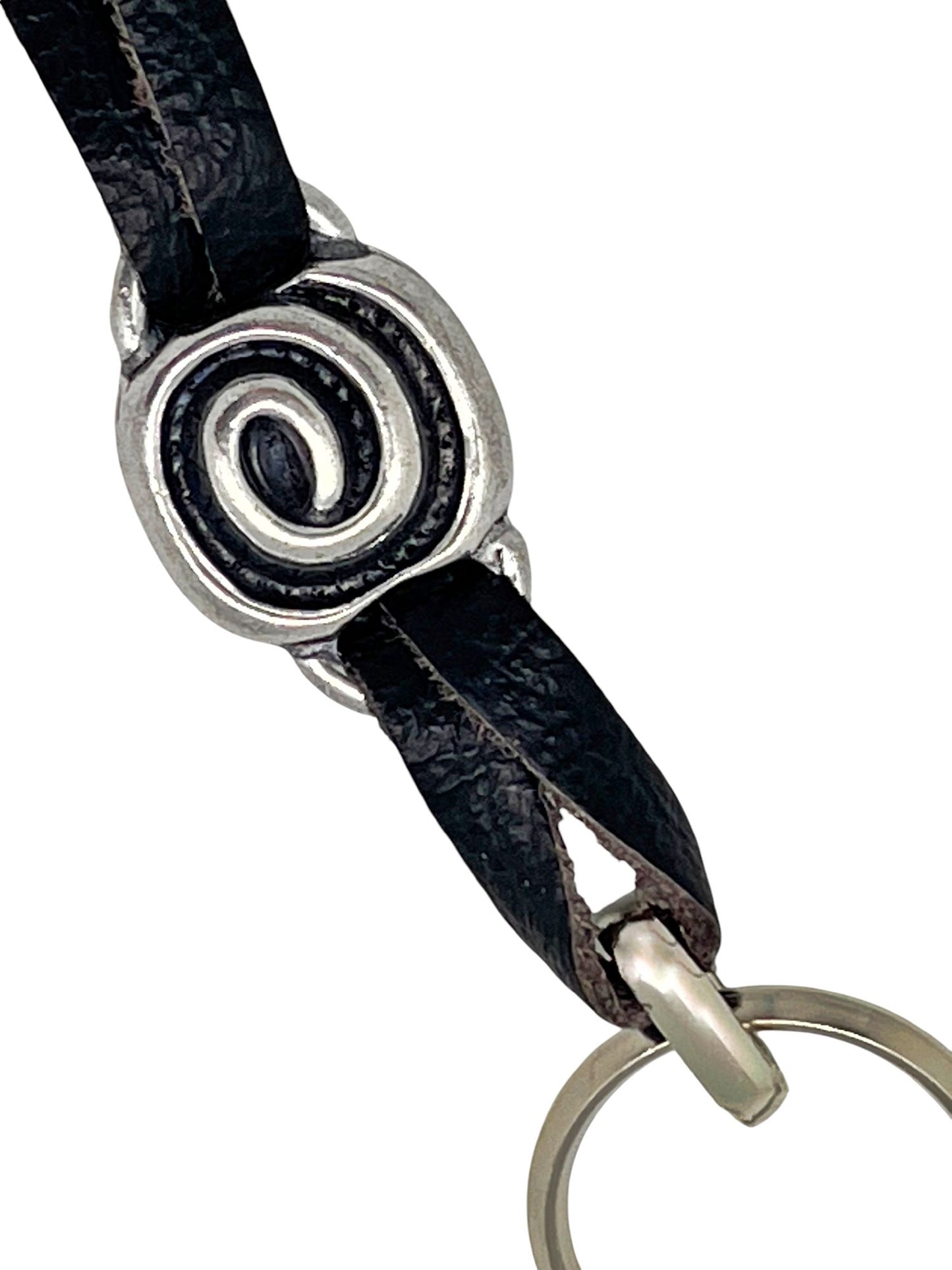 Llavero Espiral Negra en cuero y plata chapado