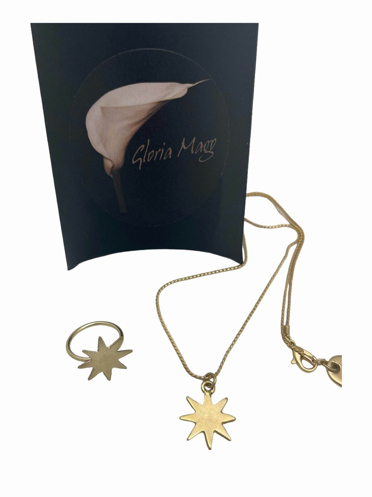 Conjunto colgante y anillo de estrella en latón y zamak en dorado. 40cm T-15