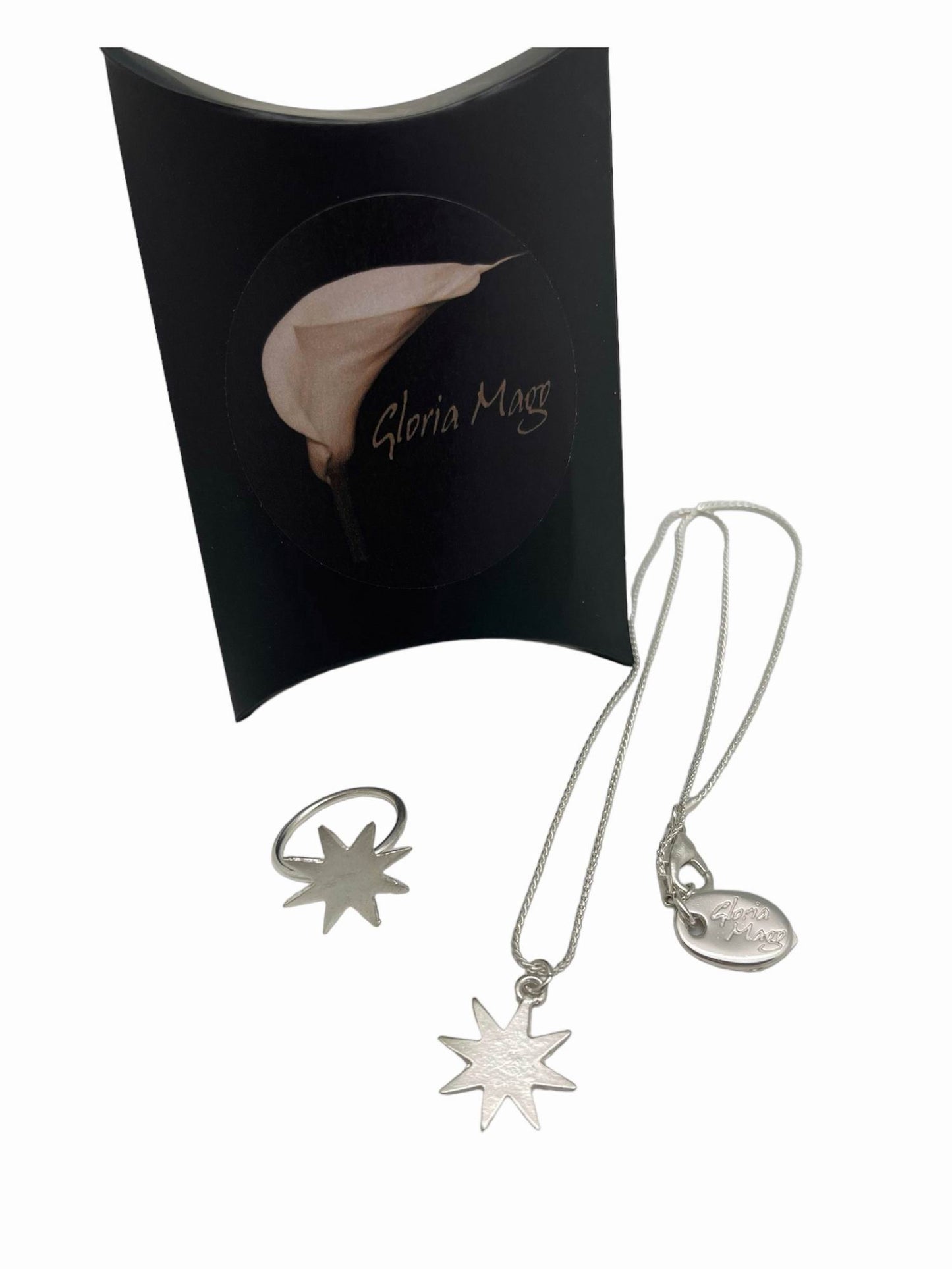 Conjunto colgante y anillo de estrella en latón y zamak chapado en plata de ley. 40cm T-14