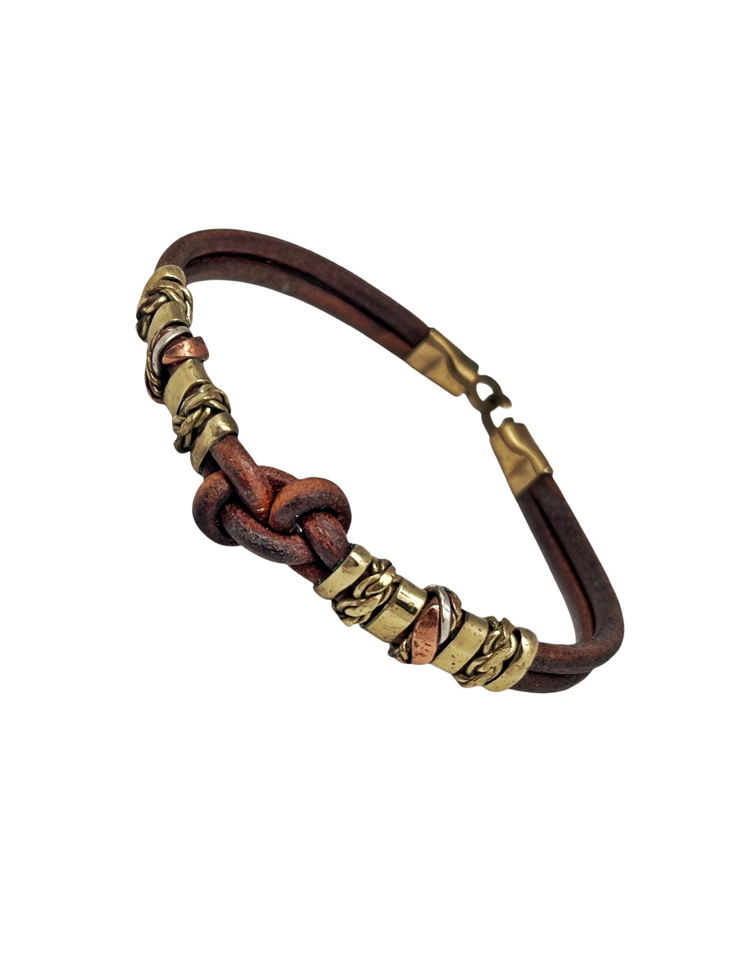 Conjunto cuero nudo cruceta con latón y cobre artesanal