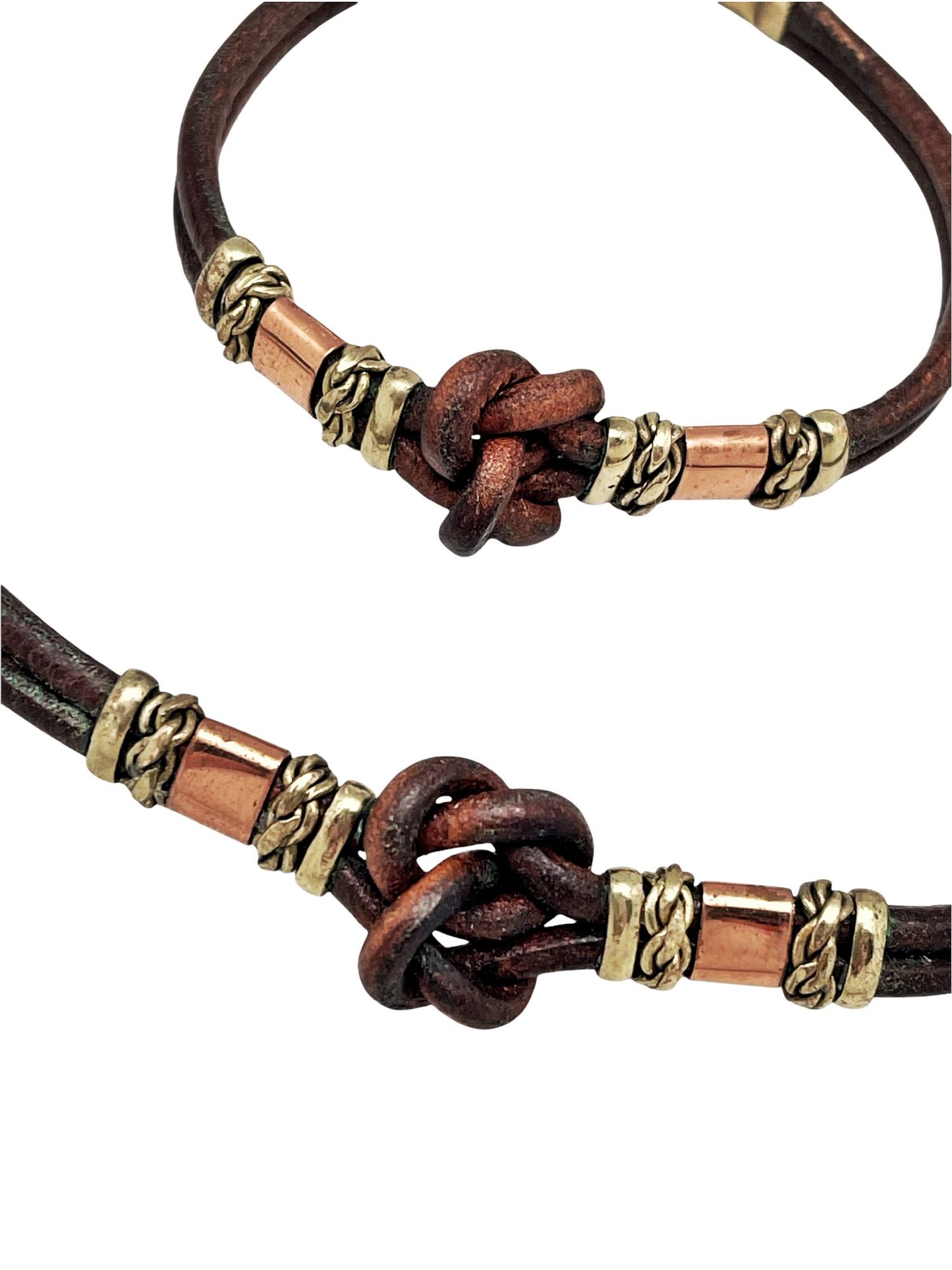 Conjunto cuero nudo roseta con latón y cobre artesanal