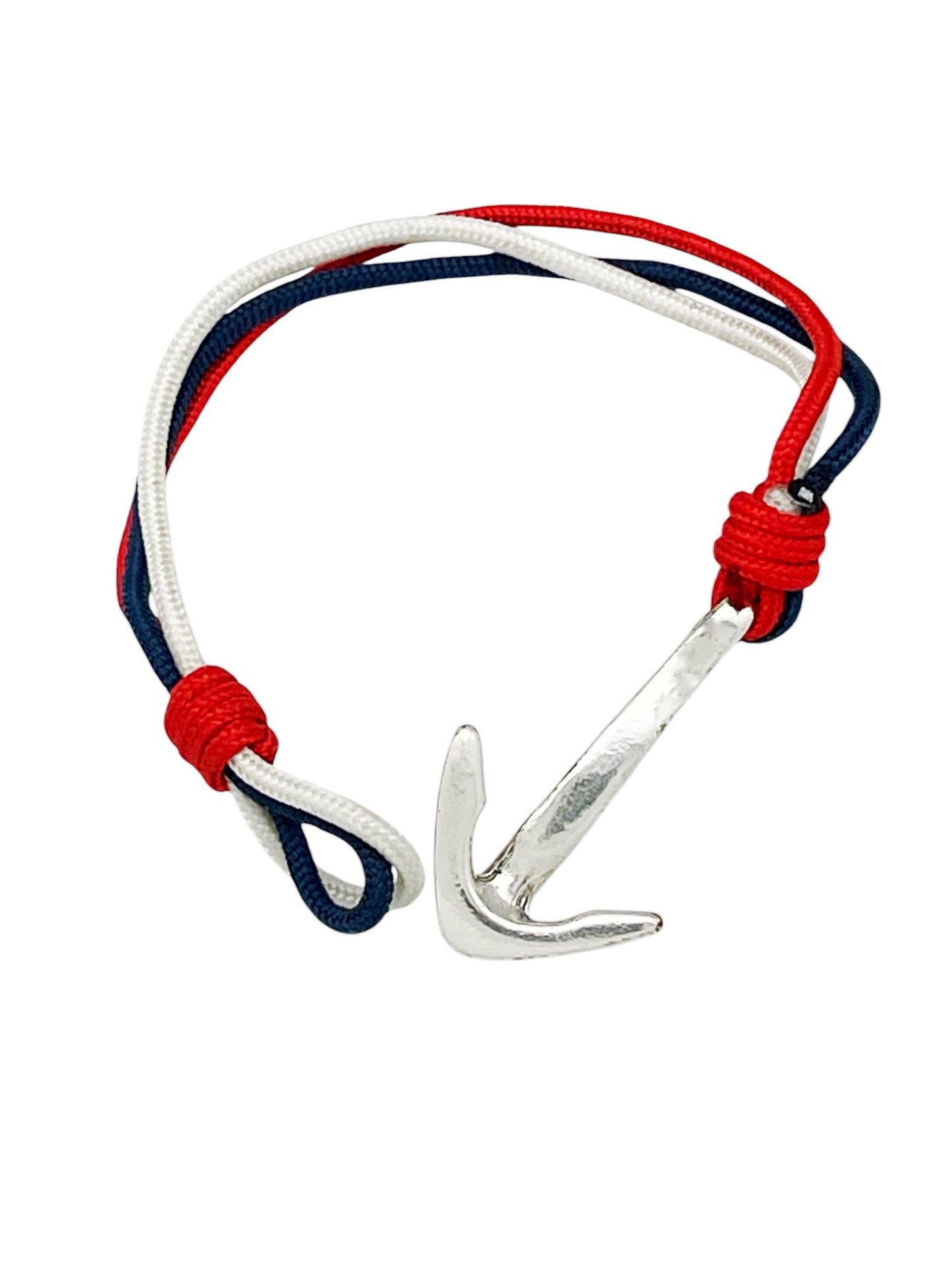 Conjunto pulsera y llavero Marinero nudo serpiente en paracord rojo-azul-blanco