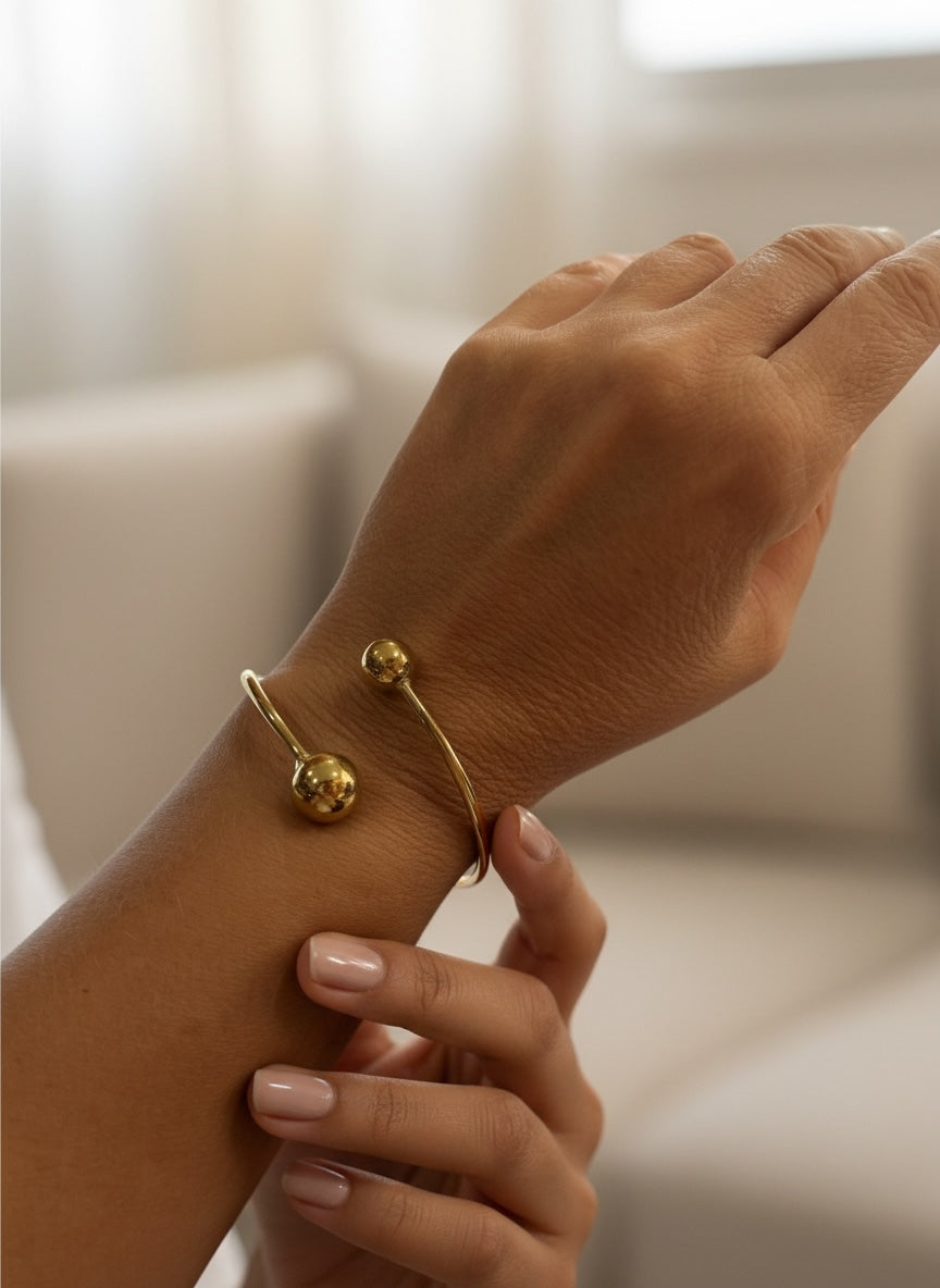 Pulsera aro laton y doble bola en plata chapado 10µ o dorado