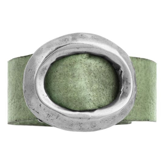 "Basic" plated 925 silver ring with green leather buckle