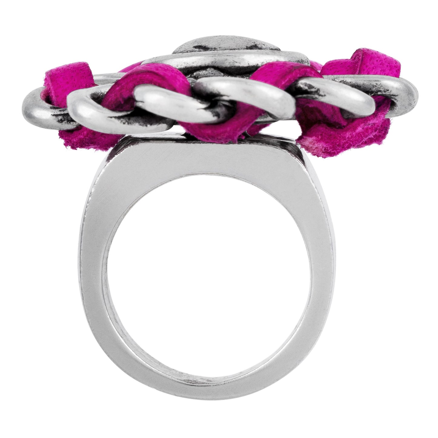 Anillo plata925 chapado piel cosido flor fuschia