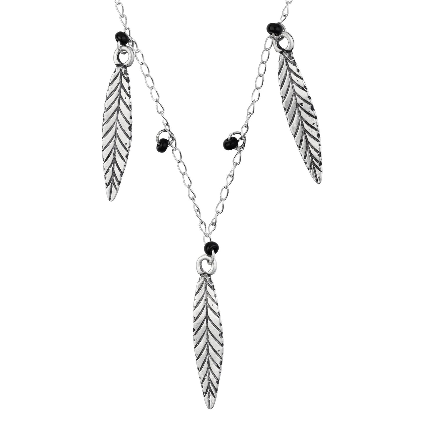 Collar medio plumas plata chapado cristales negro