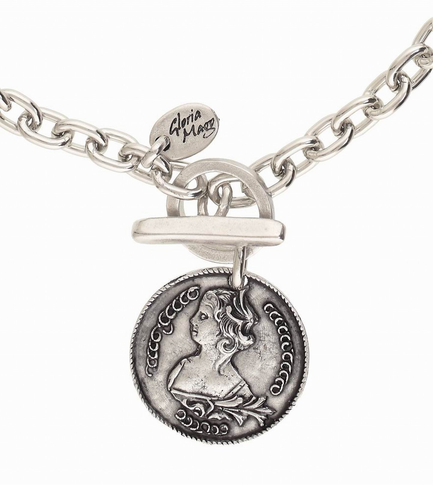 Collar cadena plata charm Gran moneda plata chapado