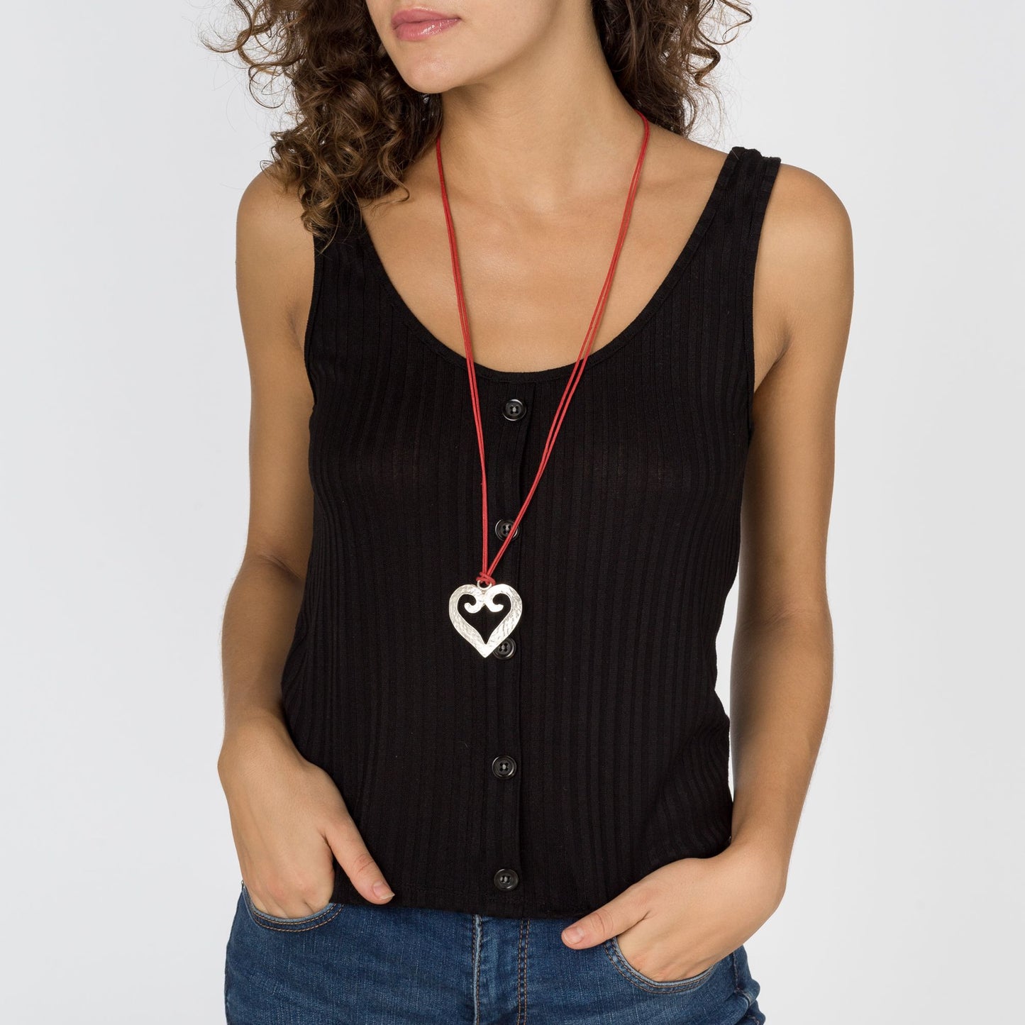 Colar coração cisne prata-vermelho