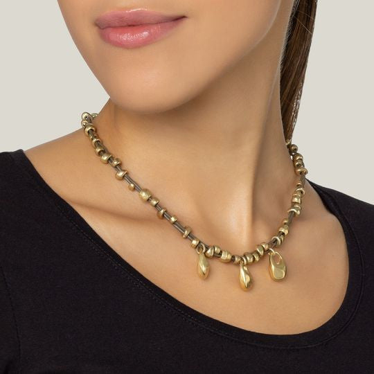 Leather necklace with golden teardrop pendants, 40cm long