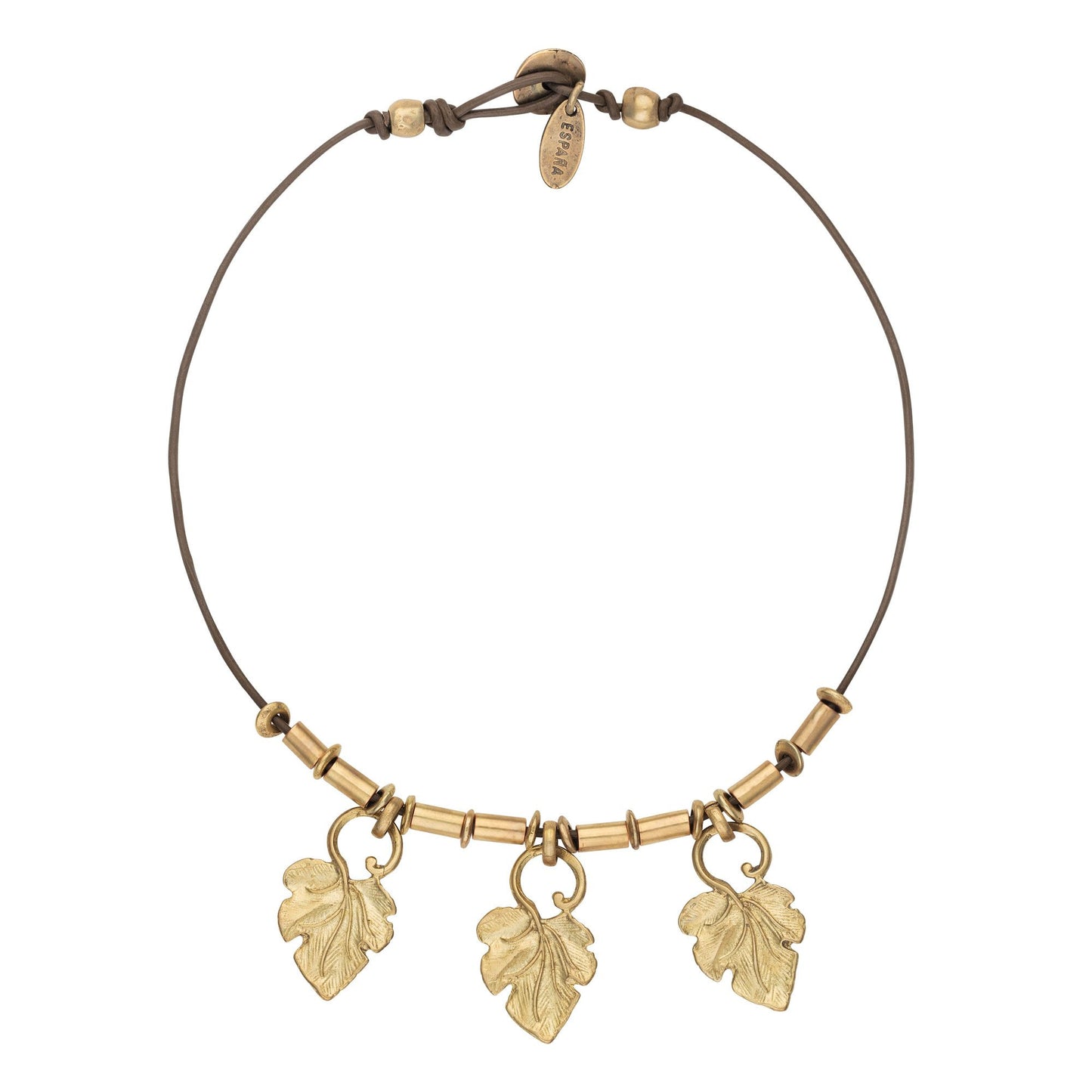 Collar cuero zamak colgantes de hojas doradas 40cm