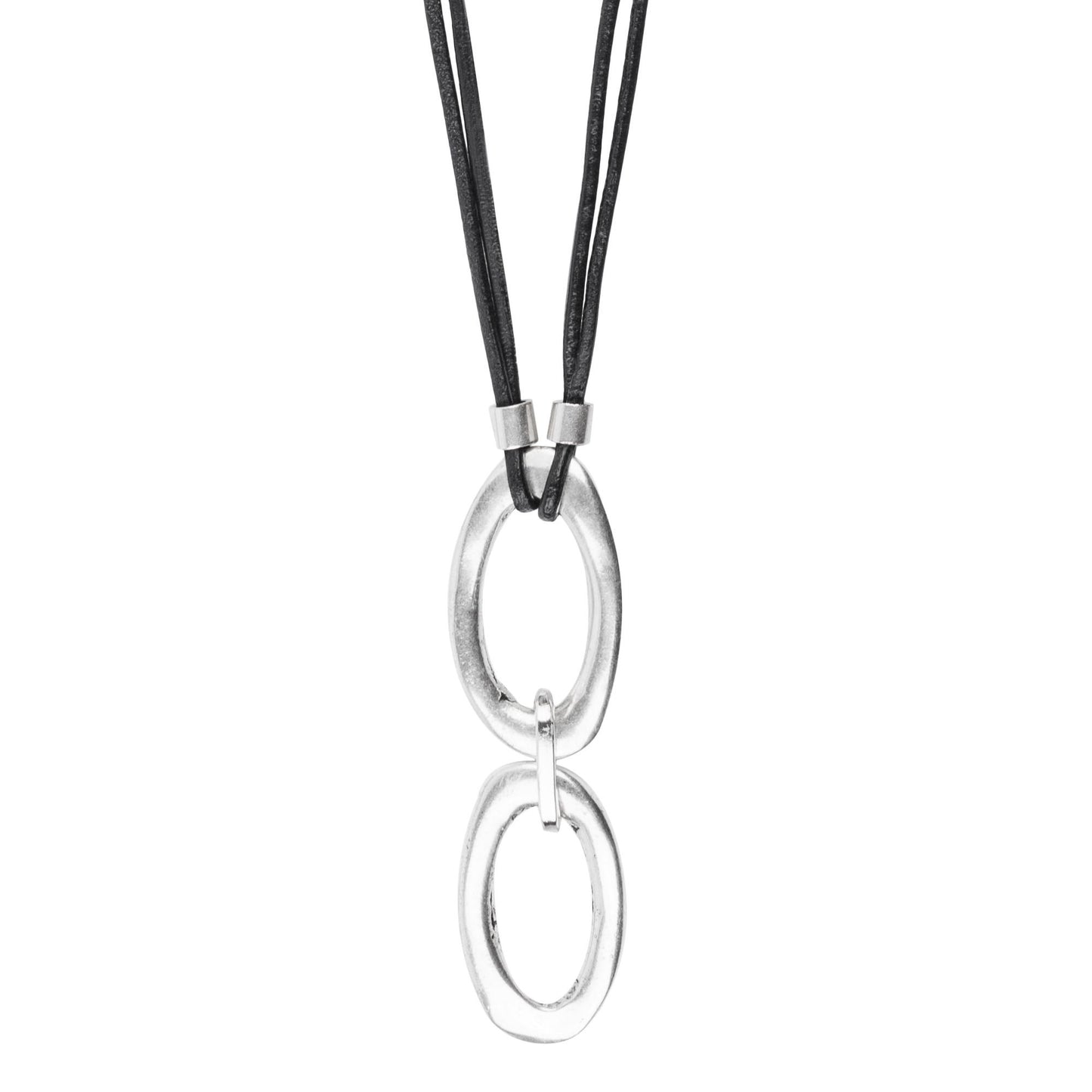 Collar largo cuero negro y eslabones plata chapado