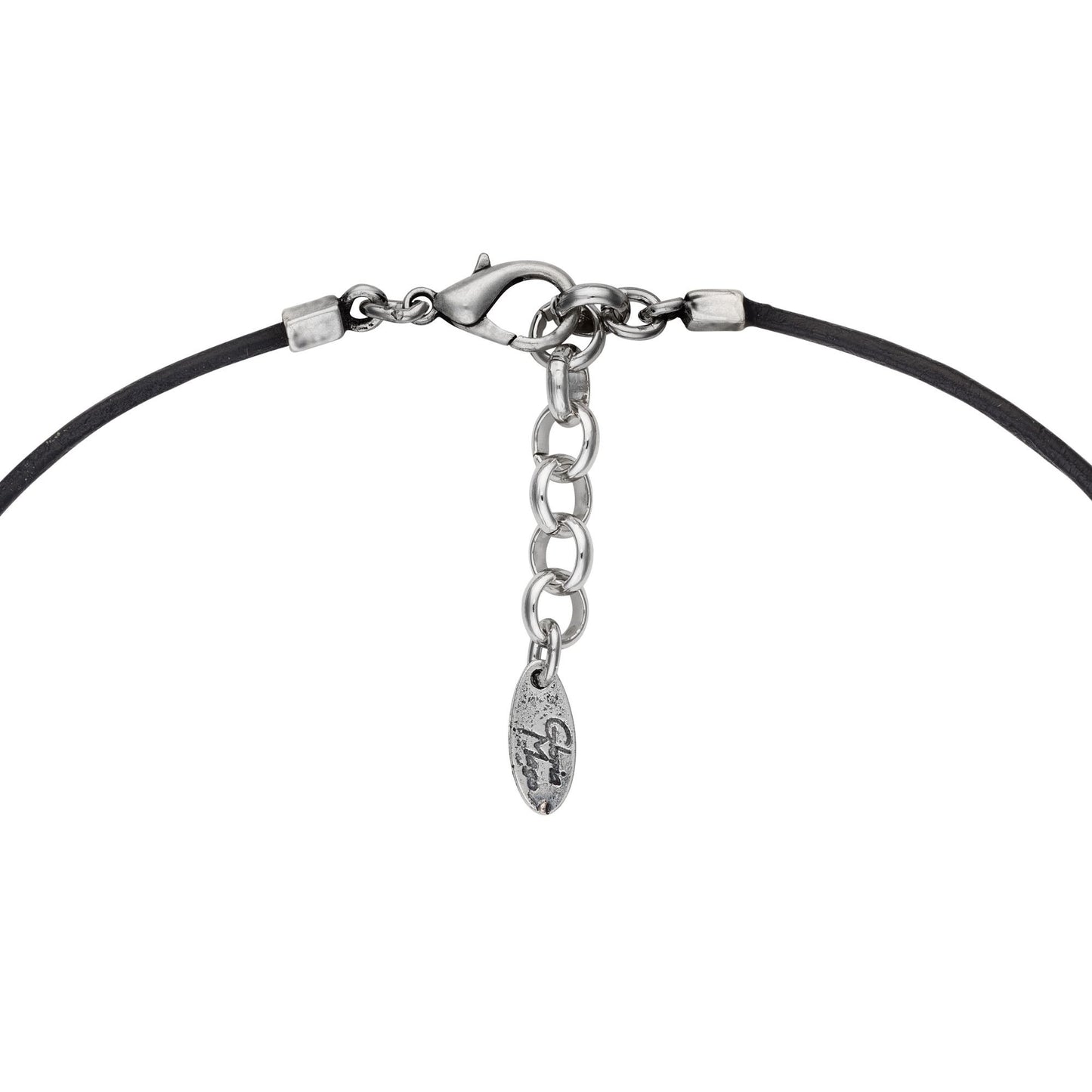 Gargantilha de couro preto com tubo banhado a prata