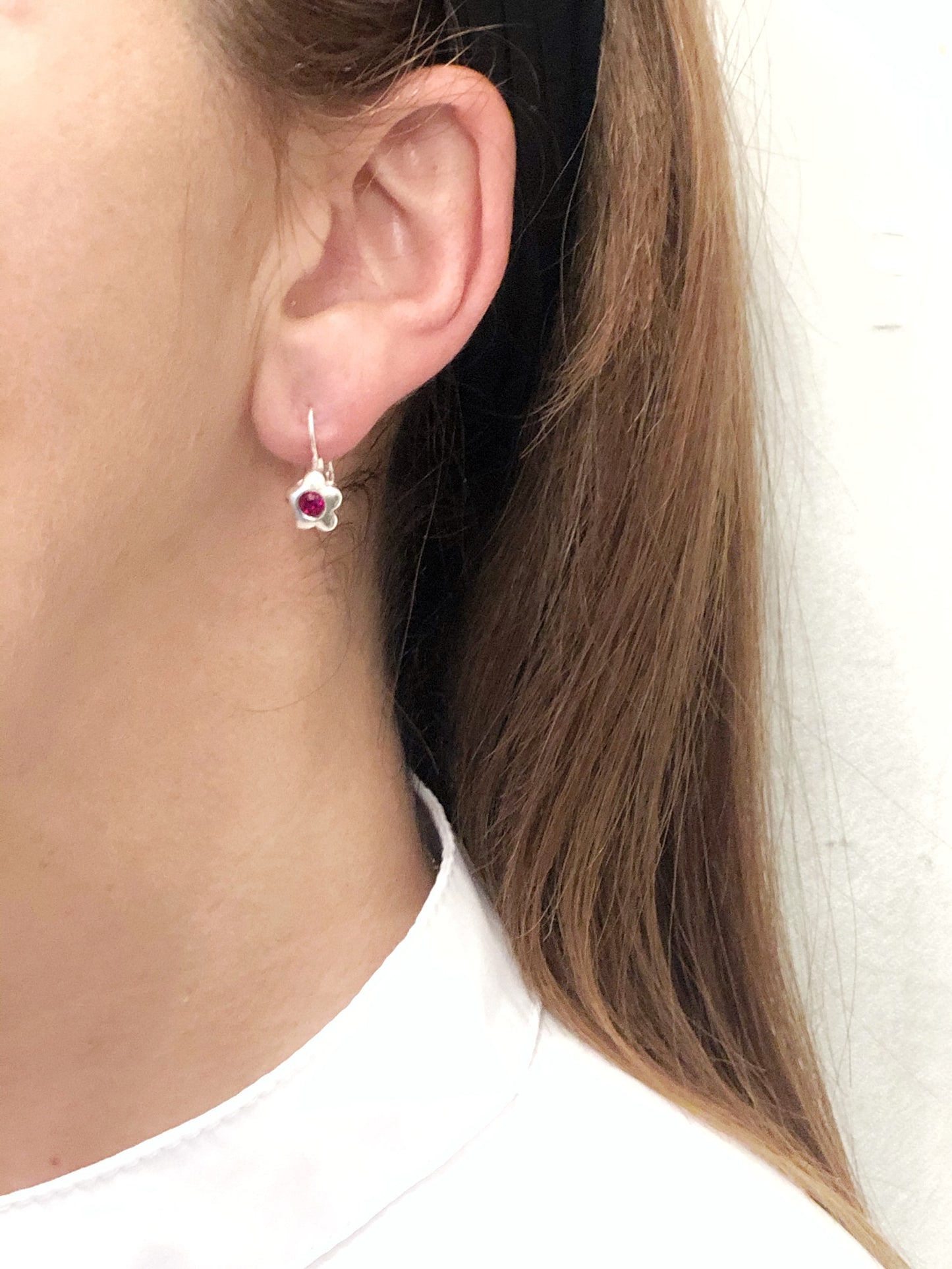 Pendiente plata chapado"Flor2" Swarovski rojo