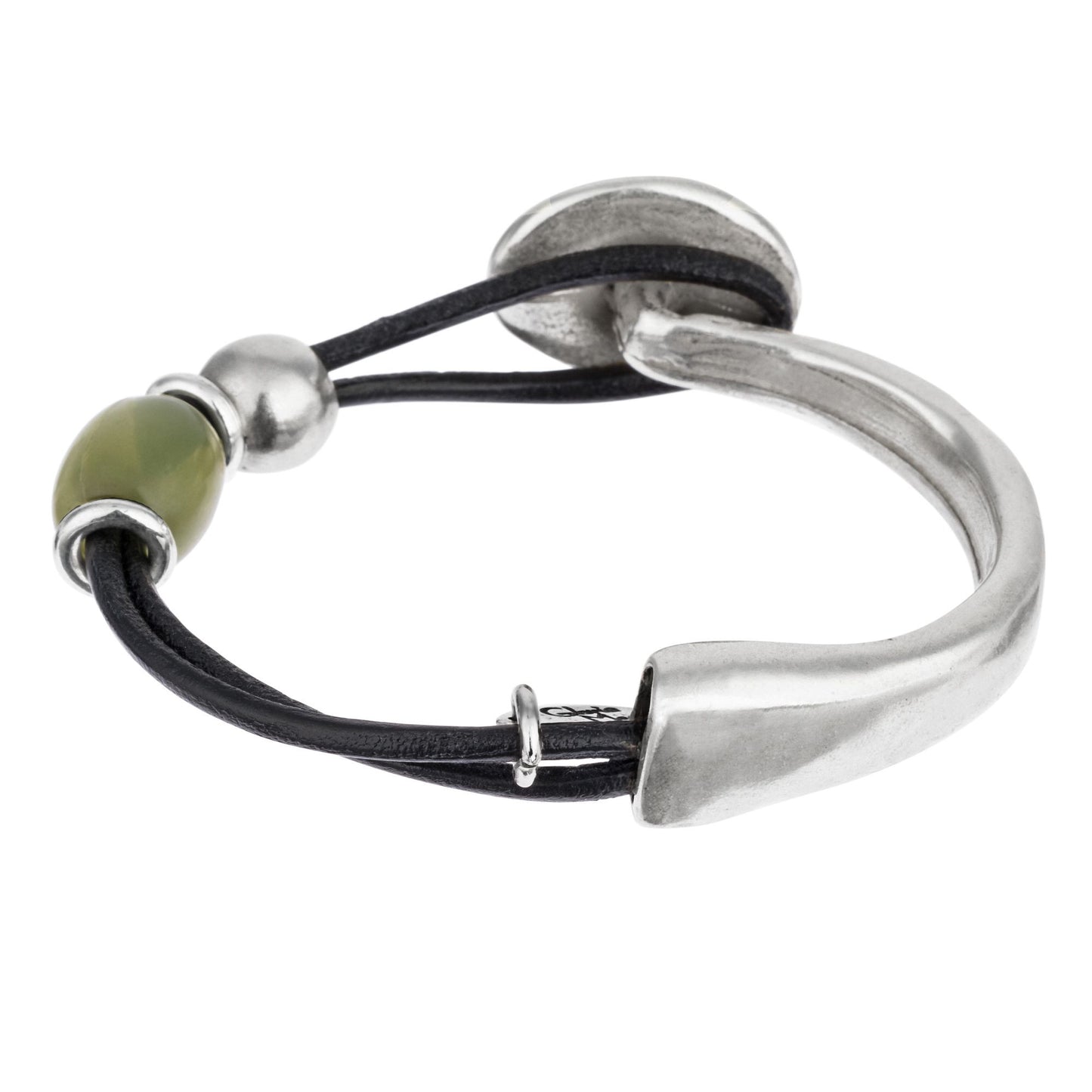 Pulsera Plata y cuero y resina Basic Bead Olivina