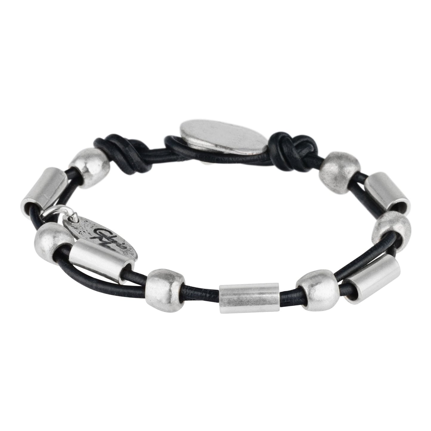 Pulseira de couro preto com fecho de botão banhado a prata