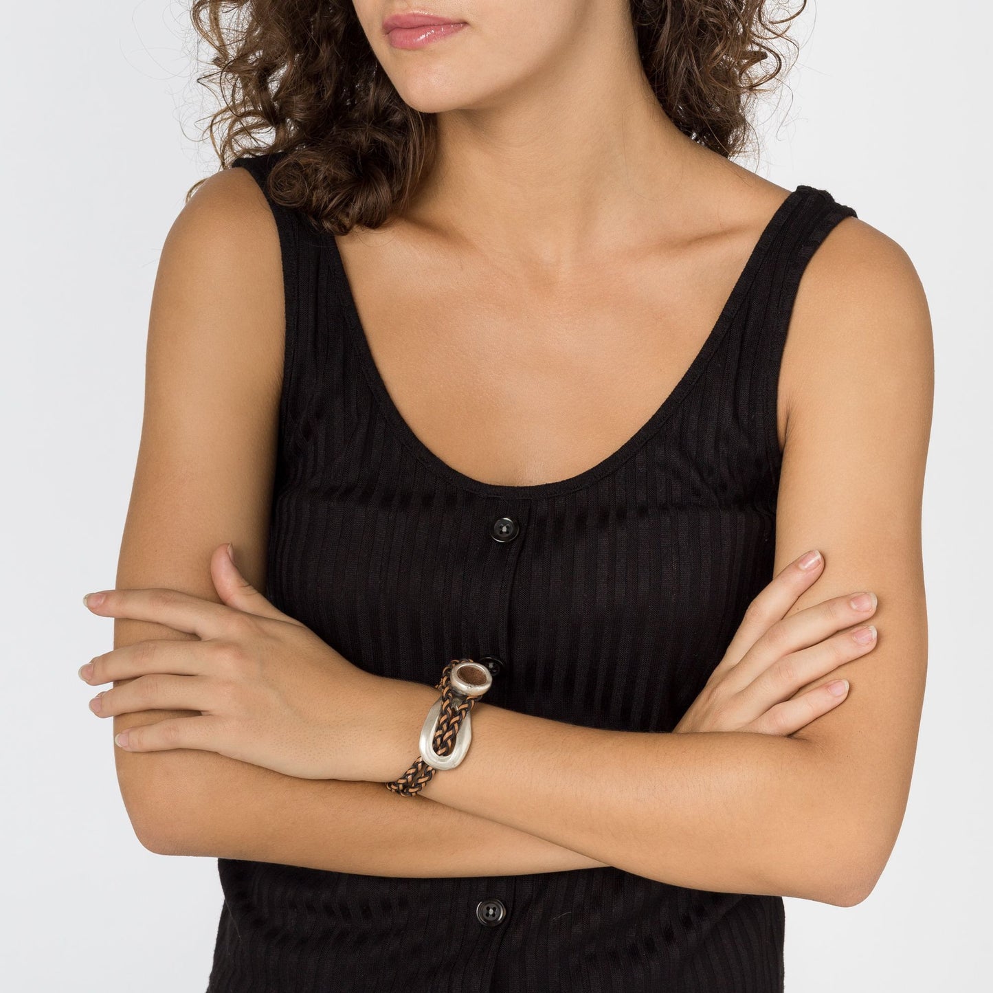 Double brown rolo leather bracelet silver zamak