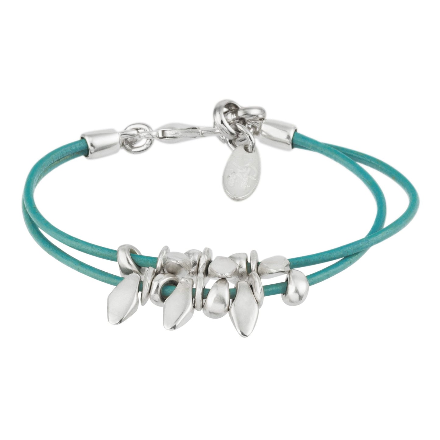 Pulsera cuero turquesa chapado dos lineas multibeads