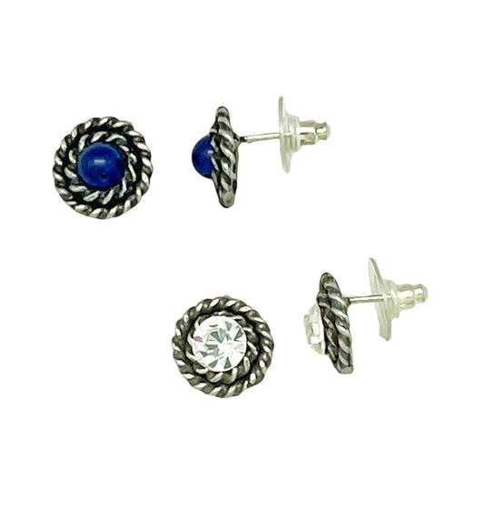 Pack de pendientes redondo filiigrana Sw cristal y Piedra azul_lapislazuli plata 10µ